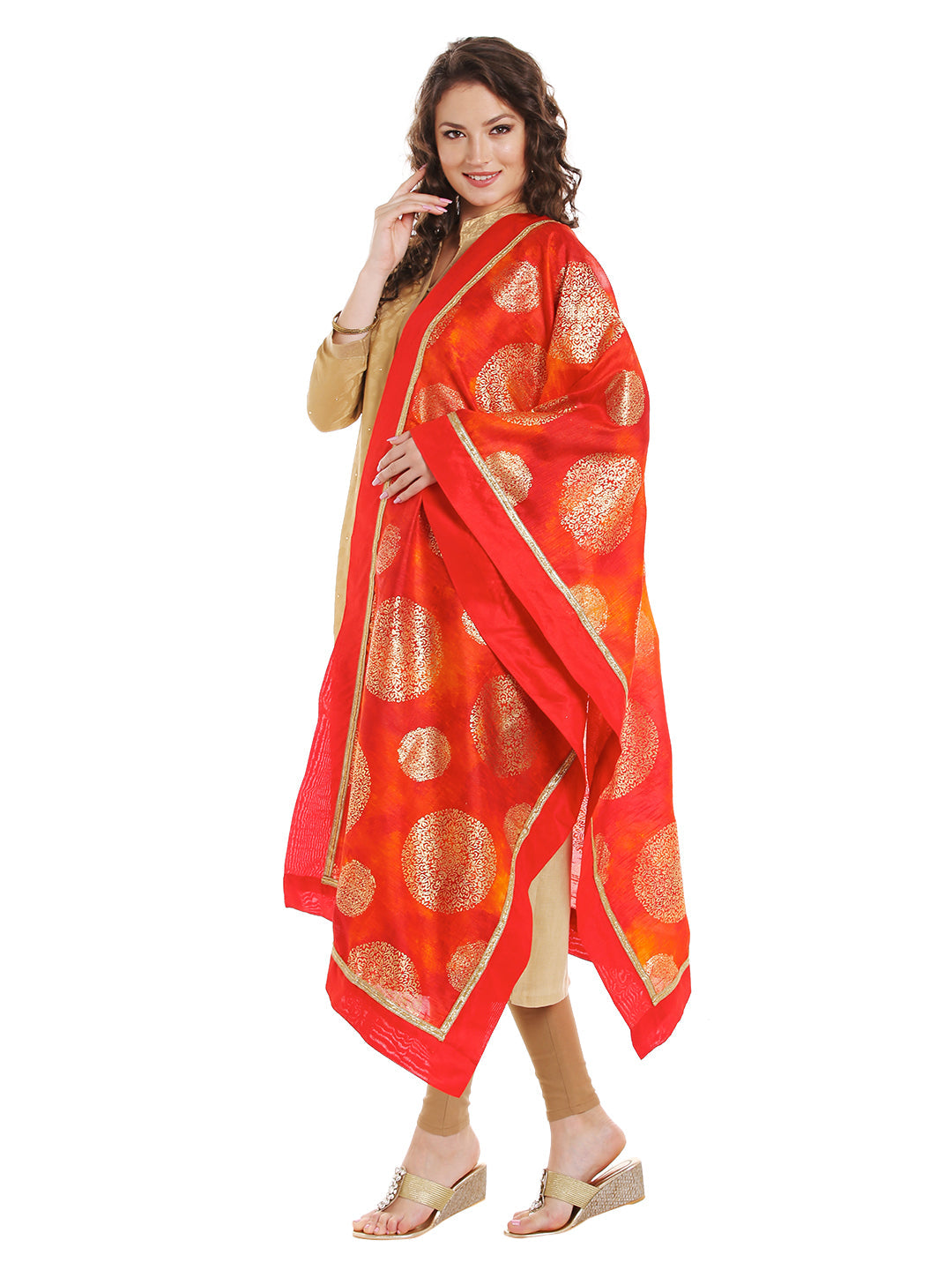 Dupatta Bazaar Women's Orange Cotton Silk Dupatta with Gold Block Print. - Dupatta Bazaar