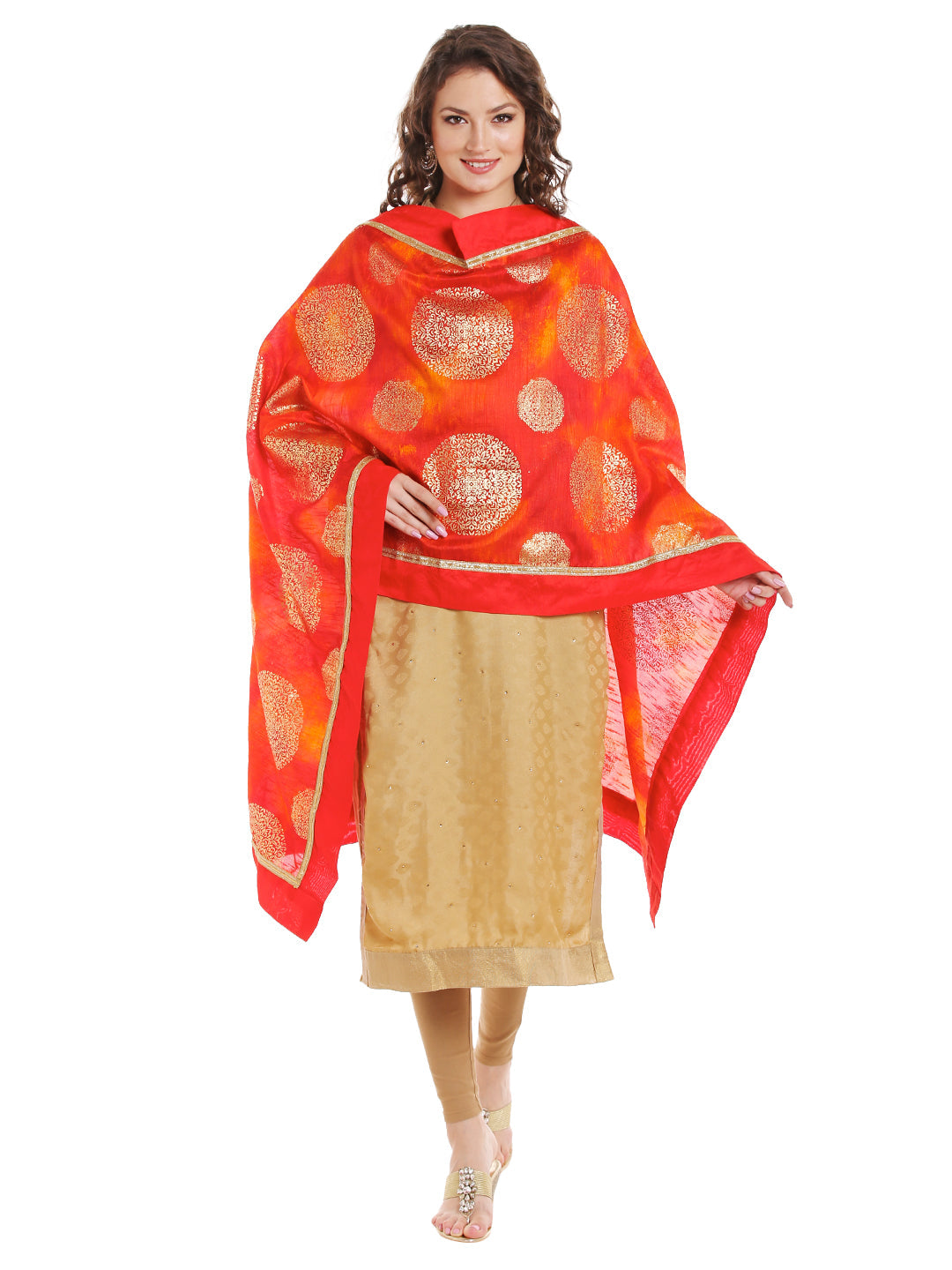 Dupatta Bazaar Women's Orange Cotton Silk Dupatta with Gold Block Print. - Dupatta Bazaar