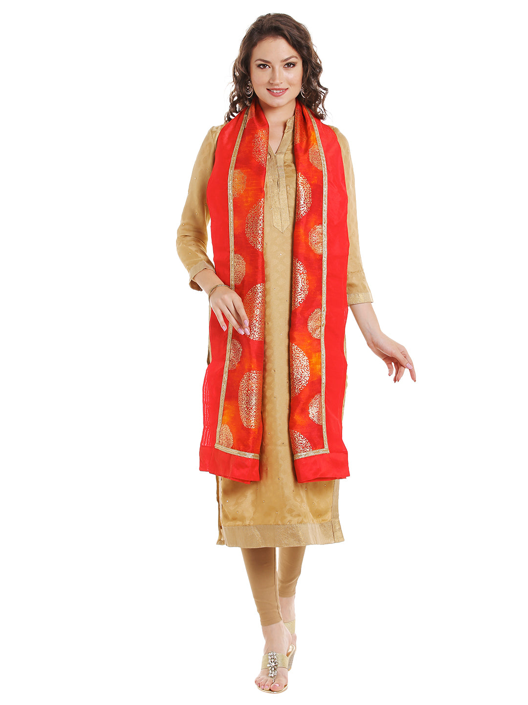 Dupatta Bazaar Women's Orange Cotton Silk Dupatta with Gold Block Print. - Dupatta Bazaar