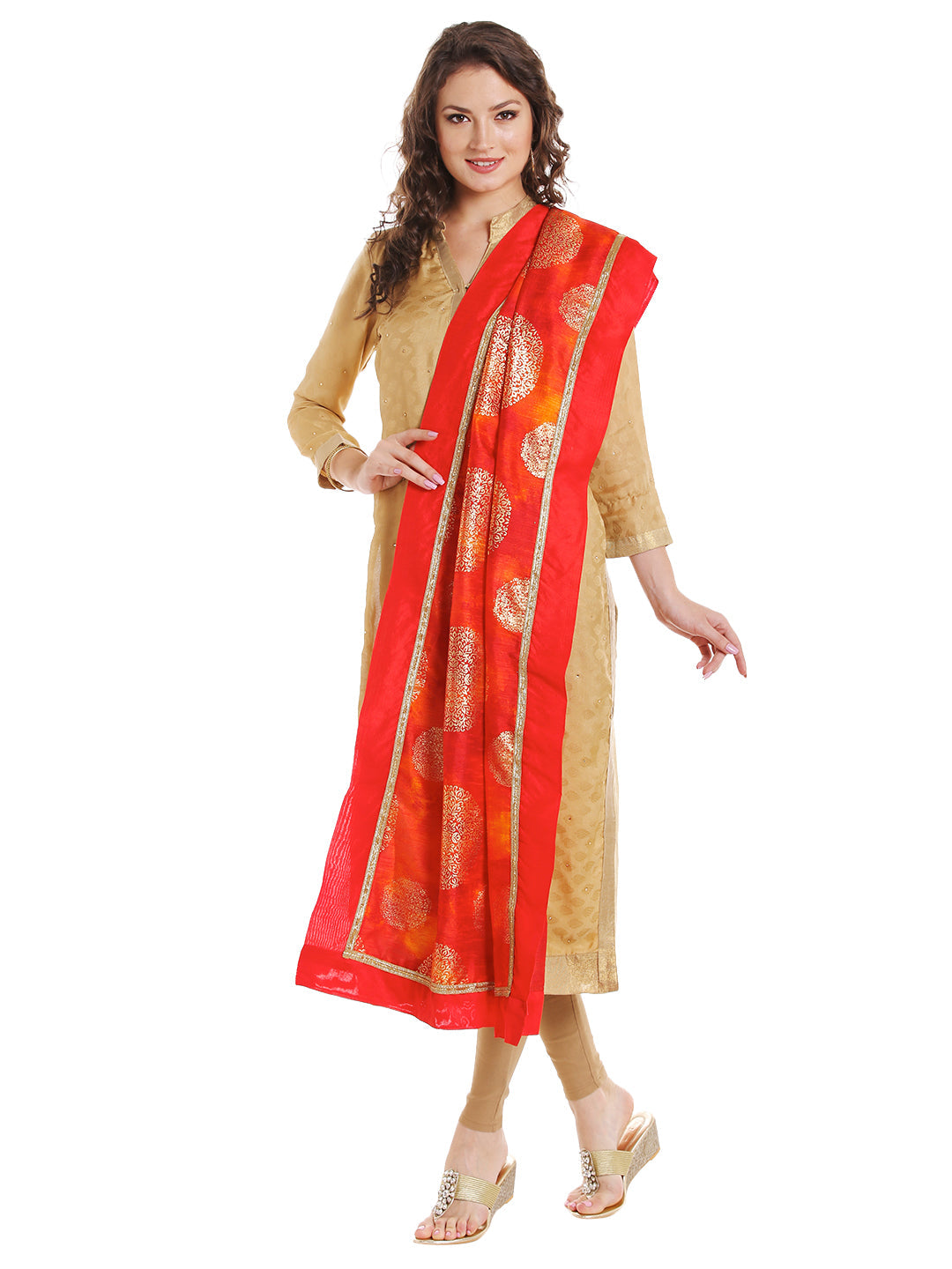 Dupatta Bazaar Women's Orange Cotton Silk Dupatta with Gold Block Print. - Dupatta Bazaar