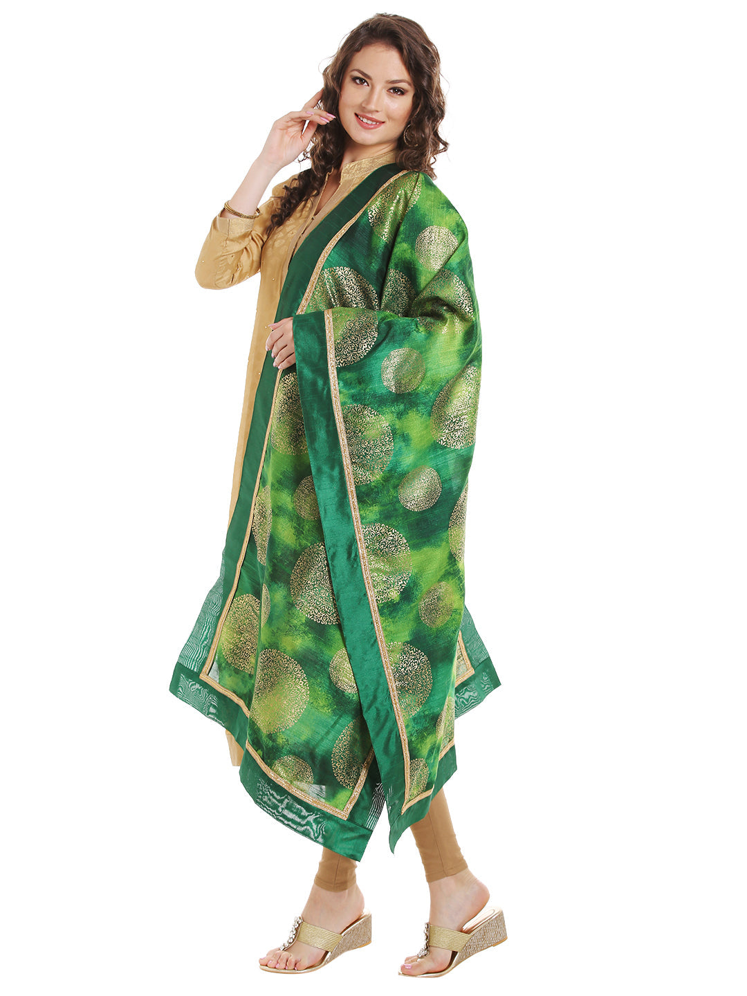 Dupatta Bazaar Women's Green Cotton Silk Dupatta with Gold Block Print. - Dupatta Bazaar