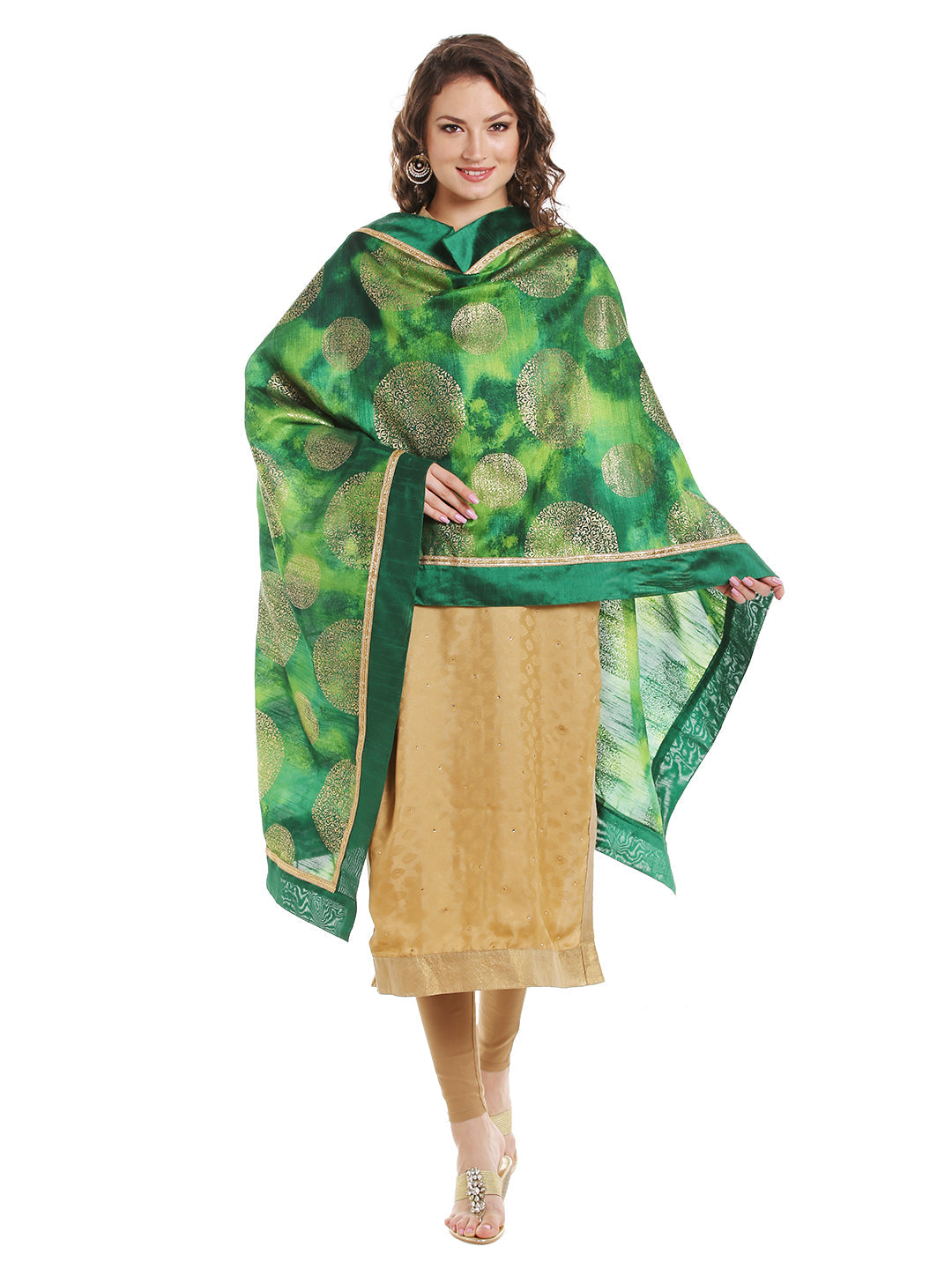Dupatta Bazaar Women's Green Cotton Silk Dupatta with Gold Block Print. - Dupatta Bazaar