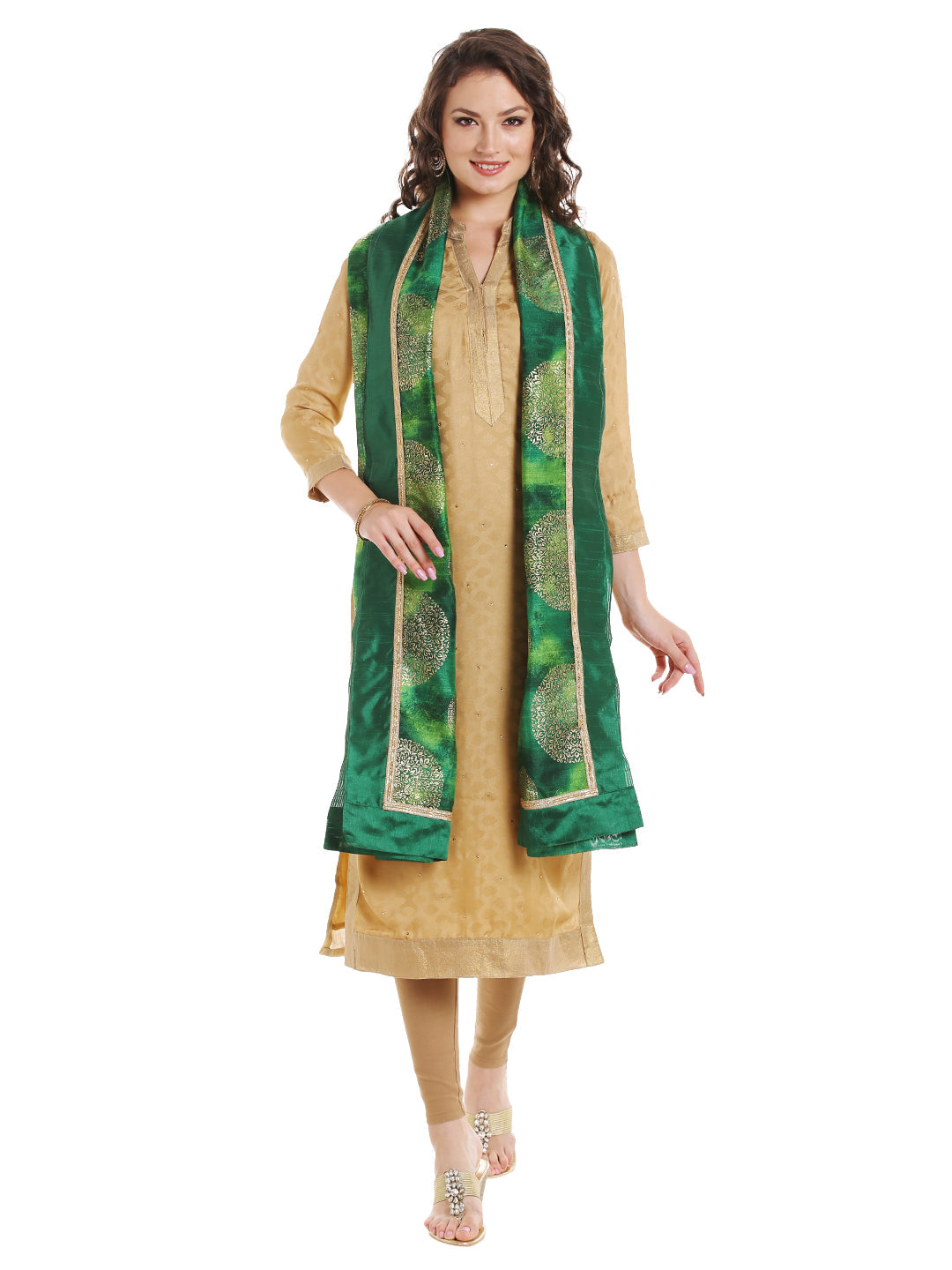 Dupatta Bazaar Women's Green Cotton Silk Dupatta with Gold Block Print. - Dupatta Bazaar
