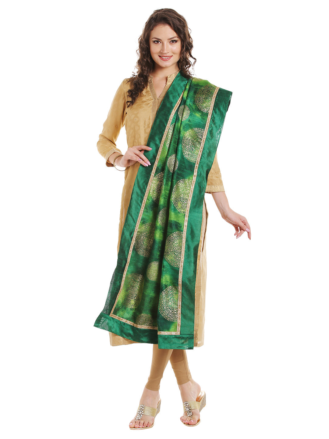 Dupatta Bazaar Women's Green Cotton Silk Dupatta with Gold Block Print. - Dupatta Bazaar