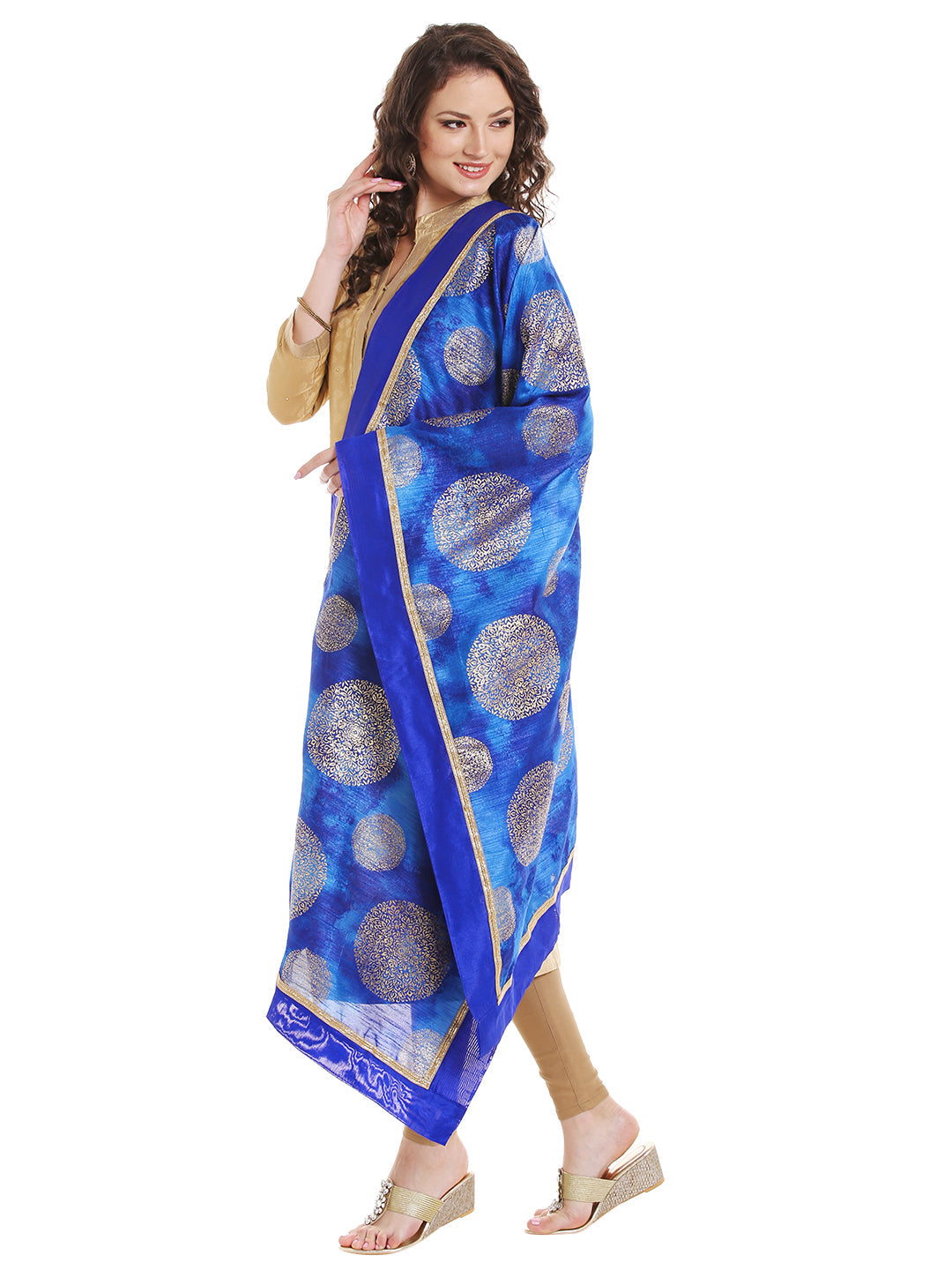 Dupatta Bazaar Women's Blue Cotton Silk Dupatta with Gold Block Print. - Dupatta Bazaar
