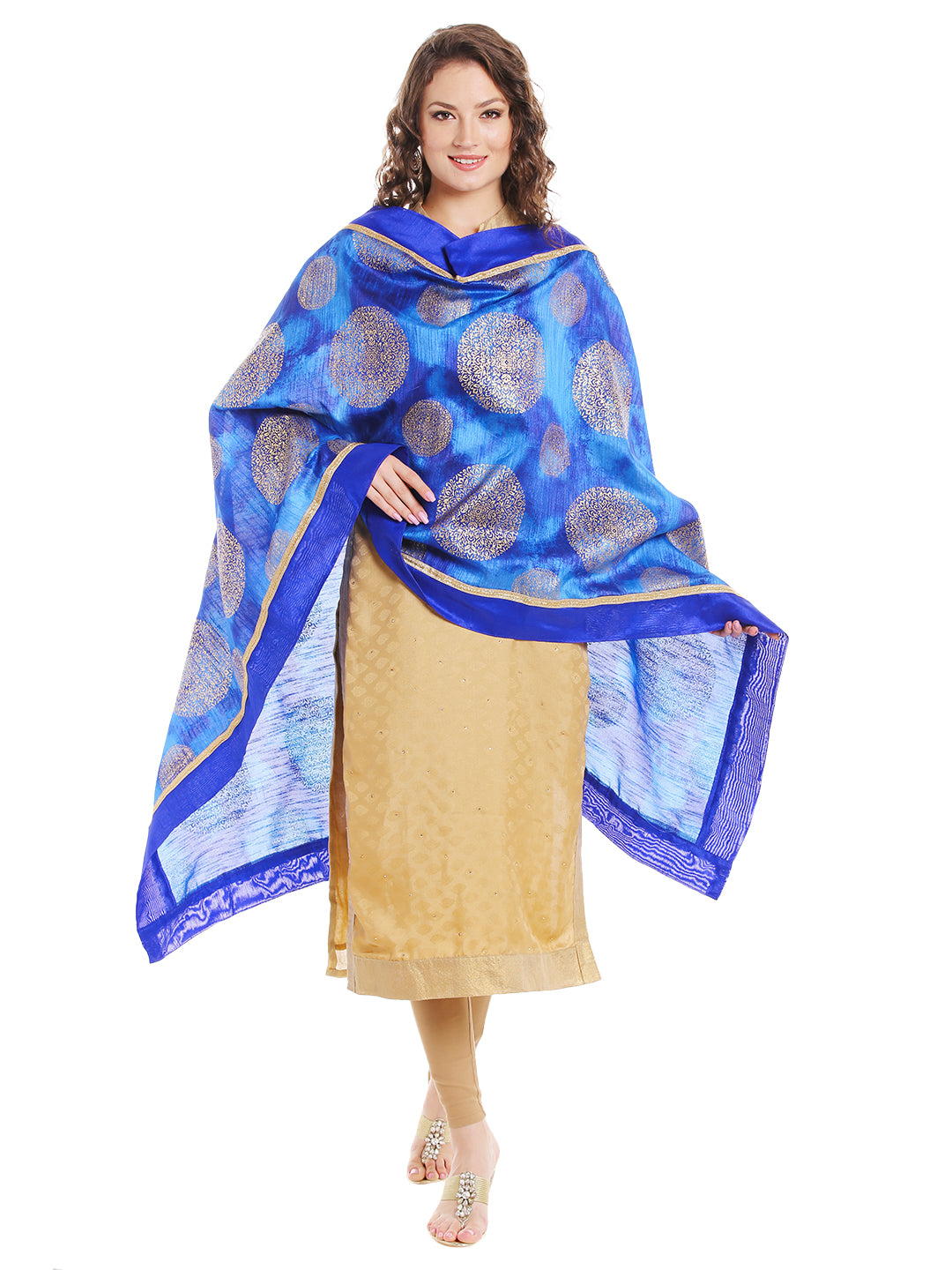 Dupatta Bazaar Women's Blue Cotton Silk Dupatta with Gold Block Print. - Dupatta Bazaar