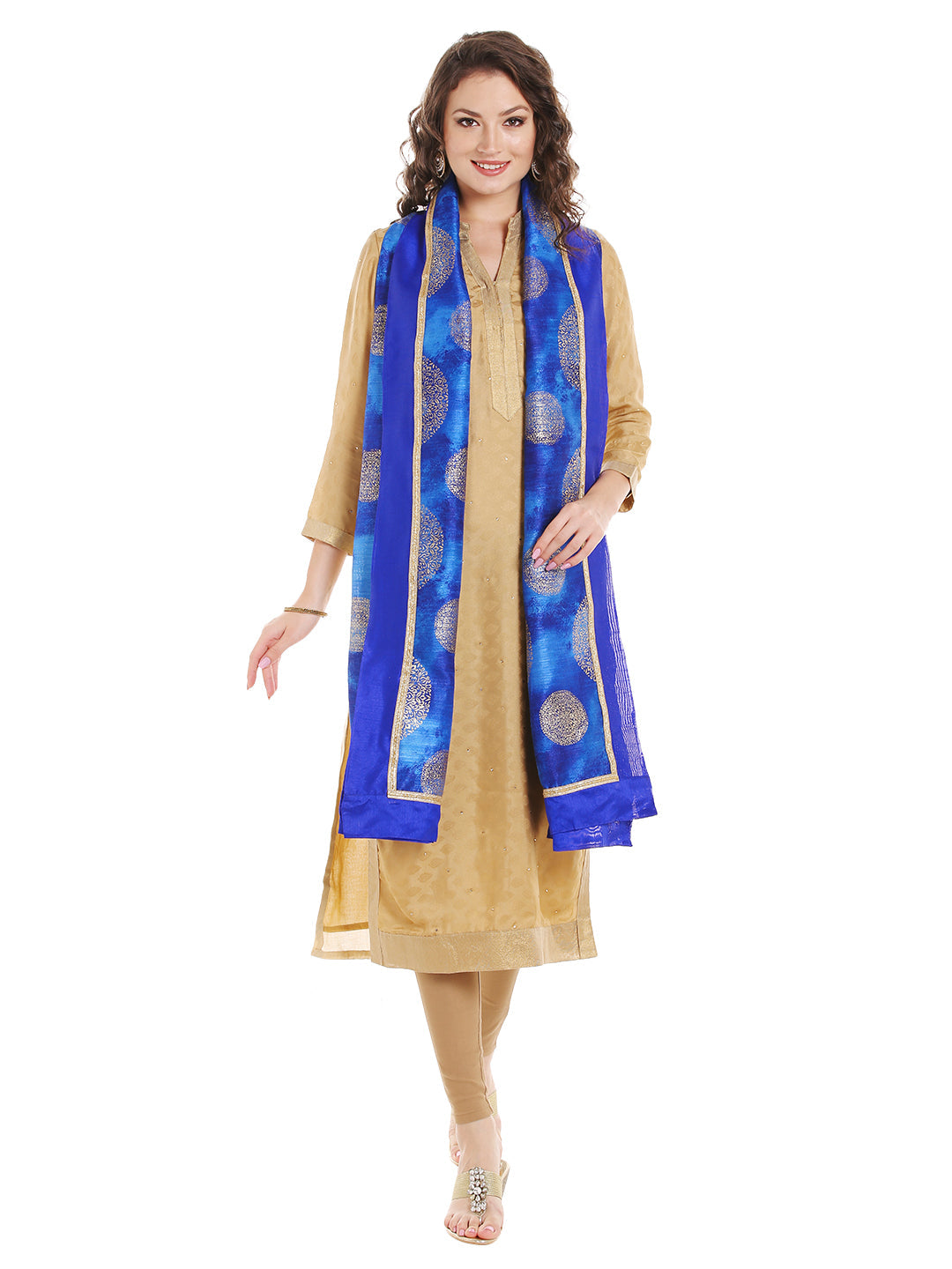 Dupatta Bazaar Women's Blue Cotton Silk Dupatta with Gold Block Print. - Dupatta Bazaar