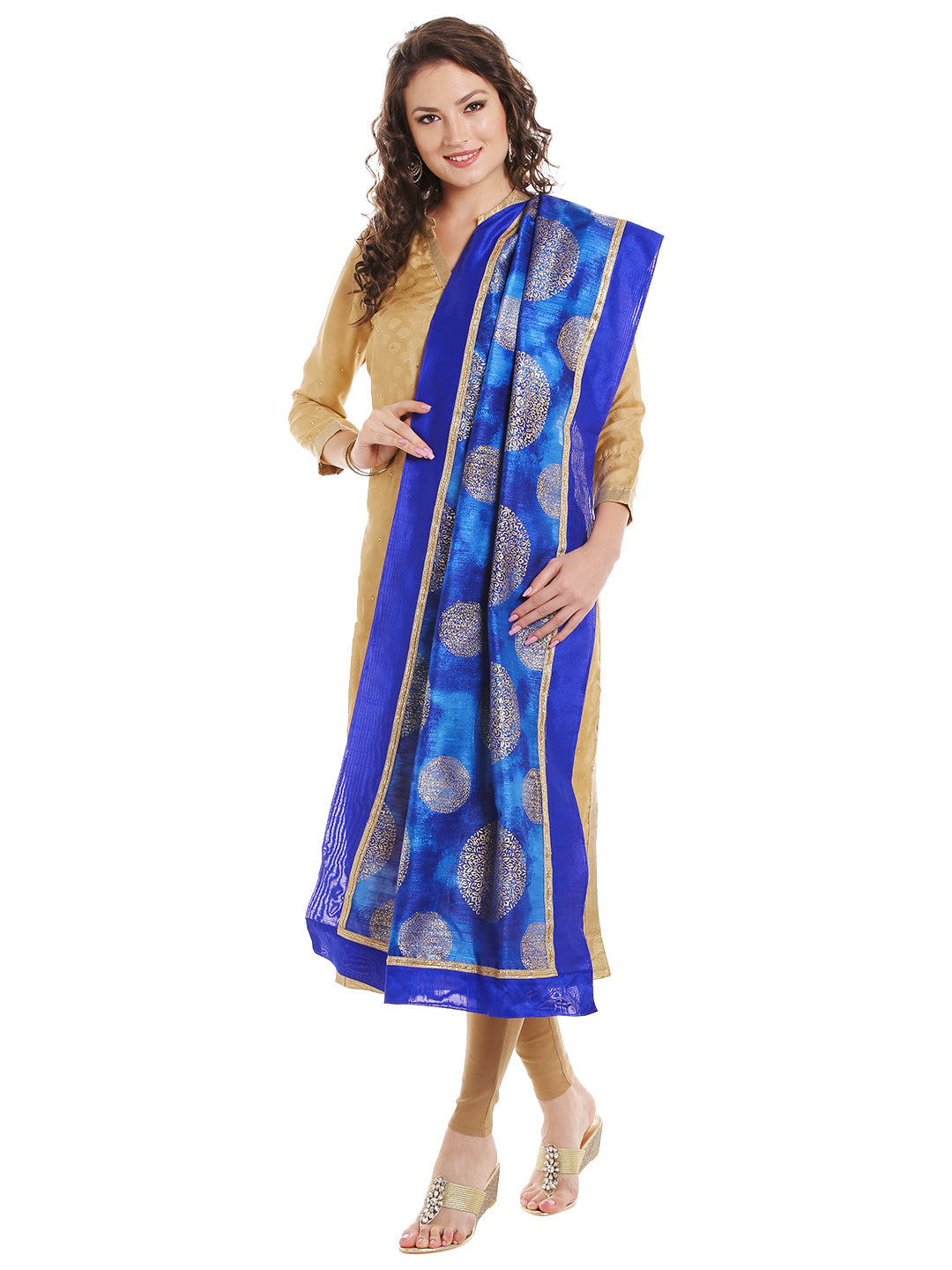 Dupatta Bazaar Women's Blue Cotton Silk Dupatta with Gold Block Print. - Dupatta Bazaar