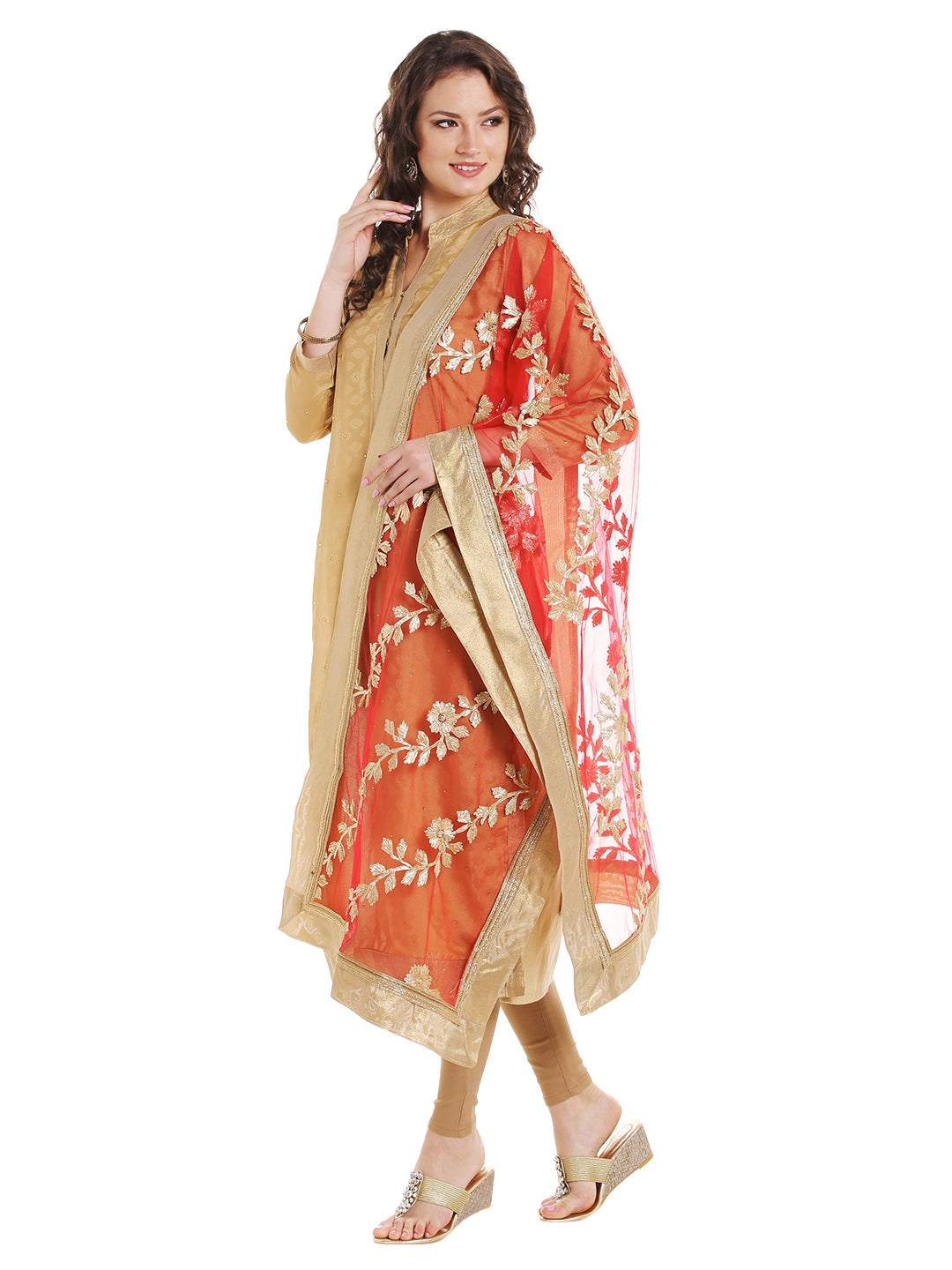 Dupatta Bazaar Women's Peach Designer Net Dupatta with Gold Gotta Work Design . - Dupatta Bazaar