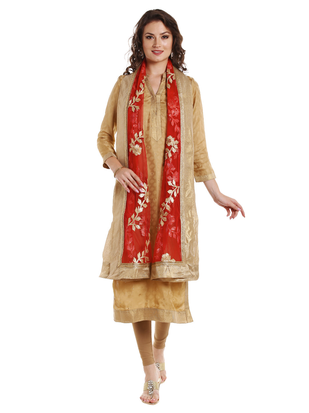Dupatta Bazaar Women's Peach Designer Net Dupatta with Gold Gotta Work Design . - Dupatta Bazaar