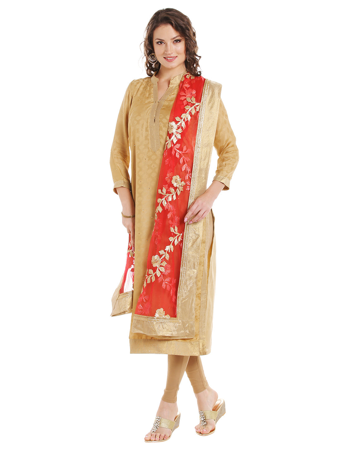 Dupatta Bazaar Women's Peach Designer Net Dupatta with Gold Gotta Work Design . - Dupatta Bazaar