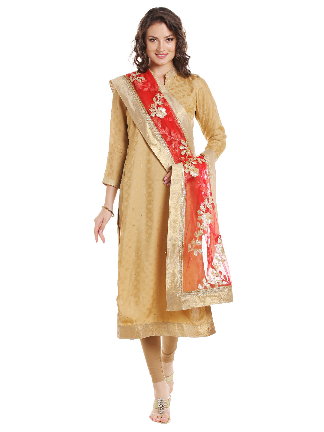 Dupatta Bazaar Women's Peach Designer Net Dupatta with Gold Gotta Work Design . - Dupatta Bazaar