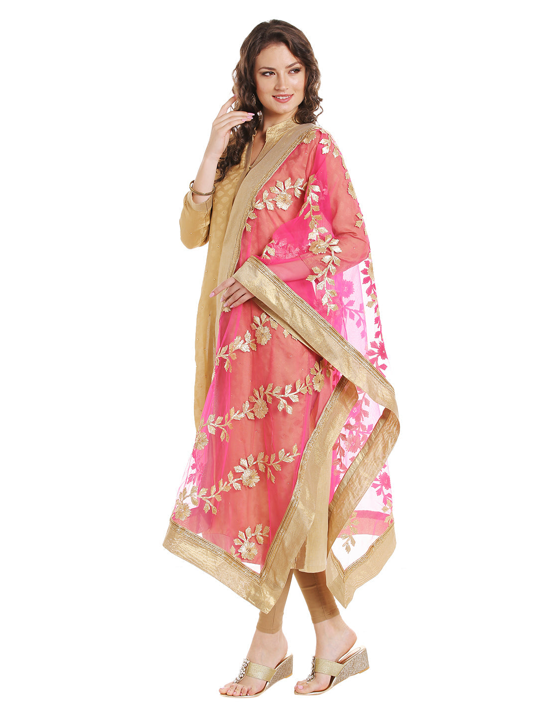 Dupatta Bazaar Women's Pink Designer Net Dupatta with Gold Gotta Work Design . - Dupatta Bazaar