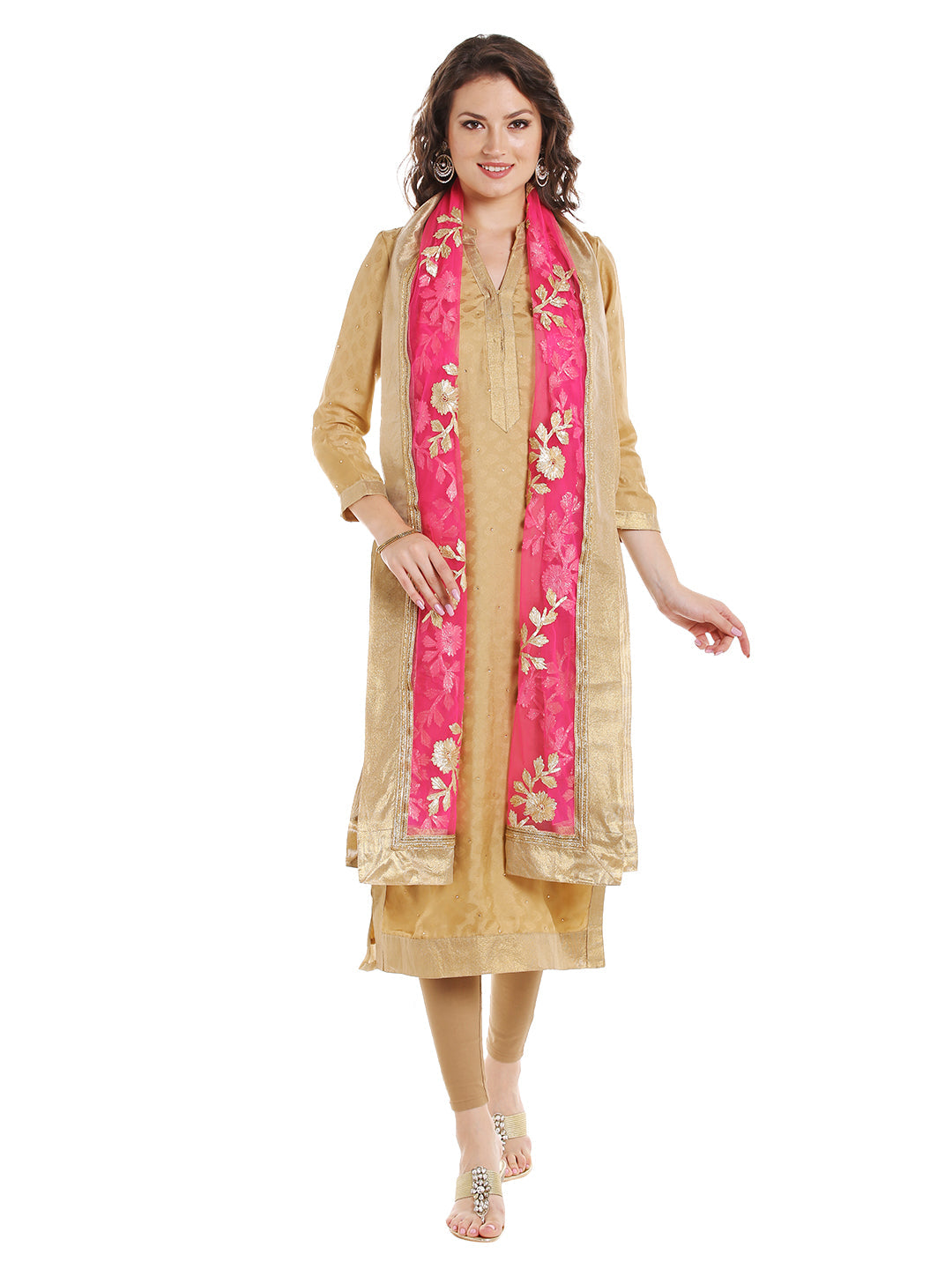 Dupatta Bazaar Women's Pink Designer Net Dupatta with Gold Gotta Work Design . - Dupatta Bazaar