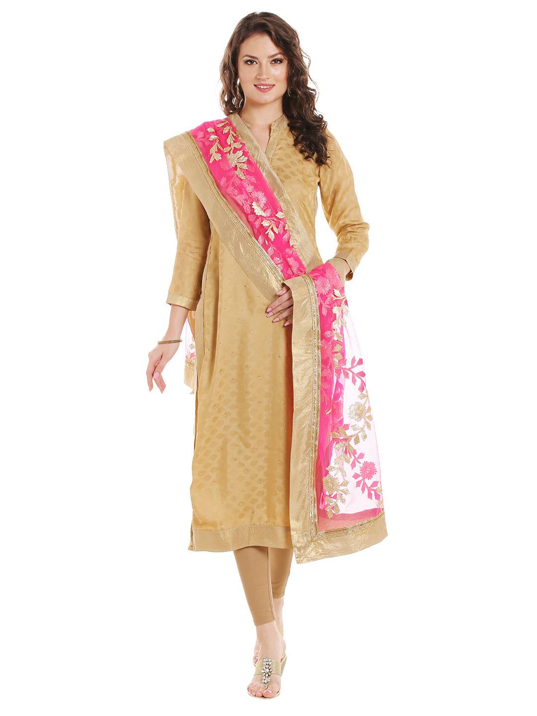 Dupatta Bazaar Women's Pink Designer Net Dupatta with Gold Gotta Work Design . - Dupatta Bazaar