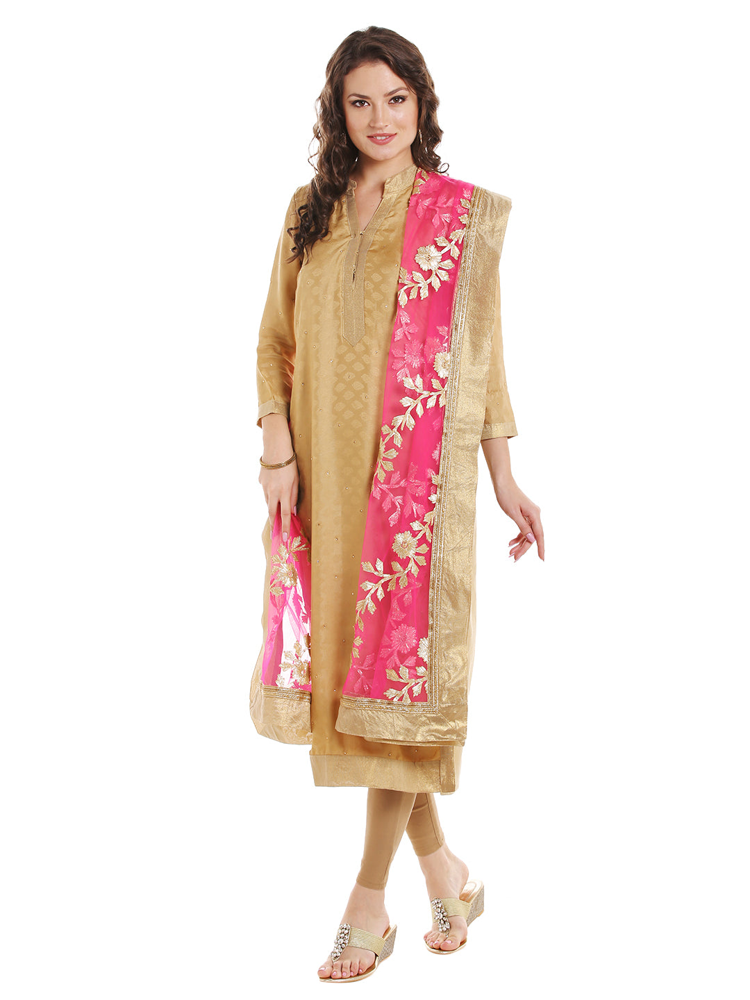 Dupatta Bazaar Women's Pink Designer Net Dupatta with Gold Gotta Work Design . - Dupatta Bazaar