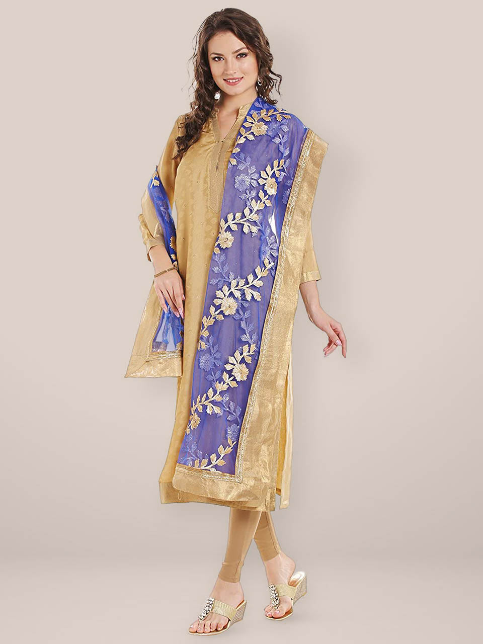 Blue  Net Dupatta with Gold Gotta Work freeshipping - Dupatta Bazaar