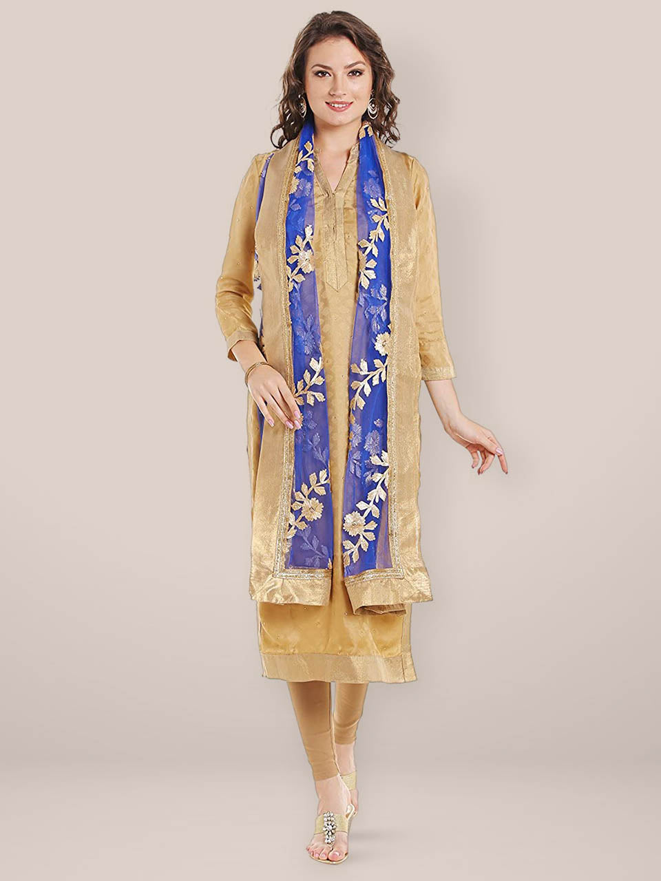 Blue  Net Dupatta with Gold Gotta Work freeshipping - Dupatta Bazaar