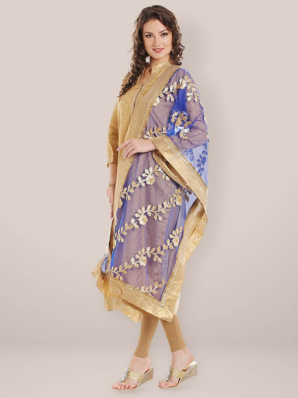 Blue  Net Dupatta with Gold Gotta Work freeshipping - Dupatta Bazaar