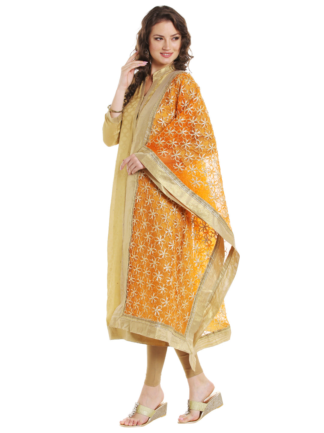 Dupatta Bazaar Women's Orange & Gold Designer Net Dupatta with Floral Gold Gotta Work Design . - Dupatta Bazaar