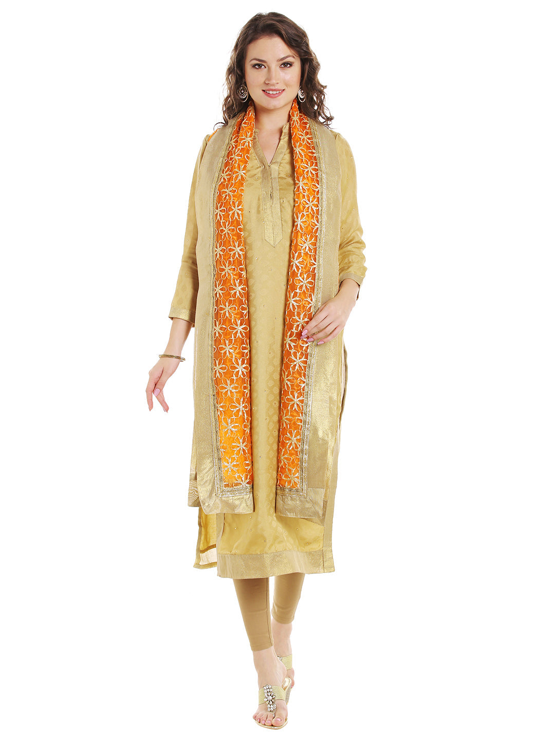 Dupatta Bazaar Women's Orange & Gold Designer Net Dupatta with Floral Gold Gotta Work Design . - Dupatta Bazaar