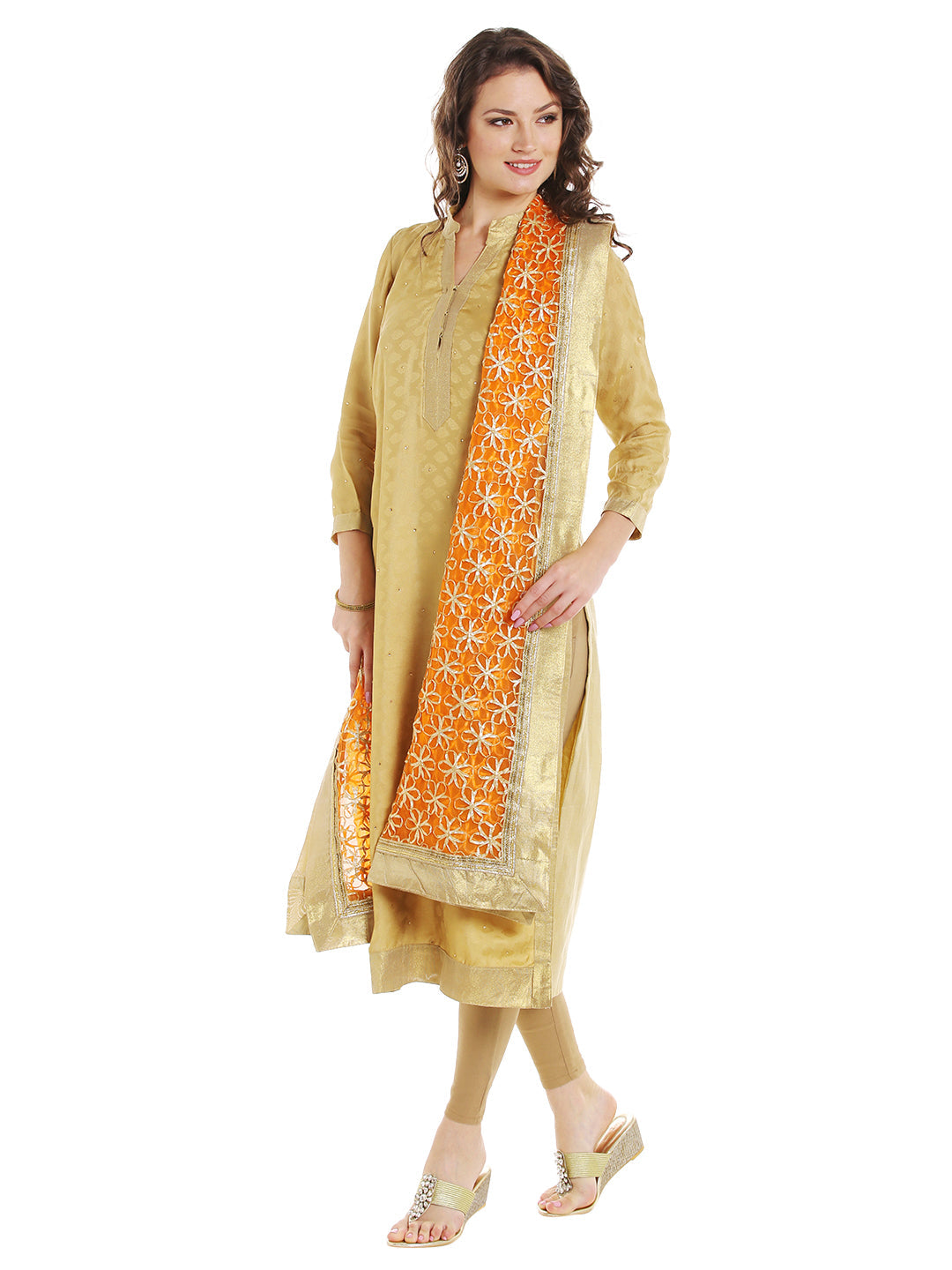 Dupatta Bazaar Women's Orange & Gold Designer Net Dupatta with Floral Gold Gotta Work Design . - Dupatta Bazaar