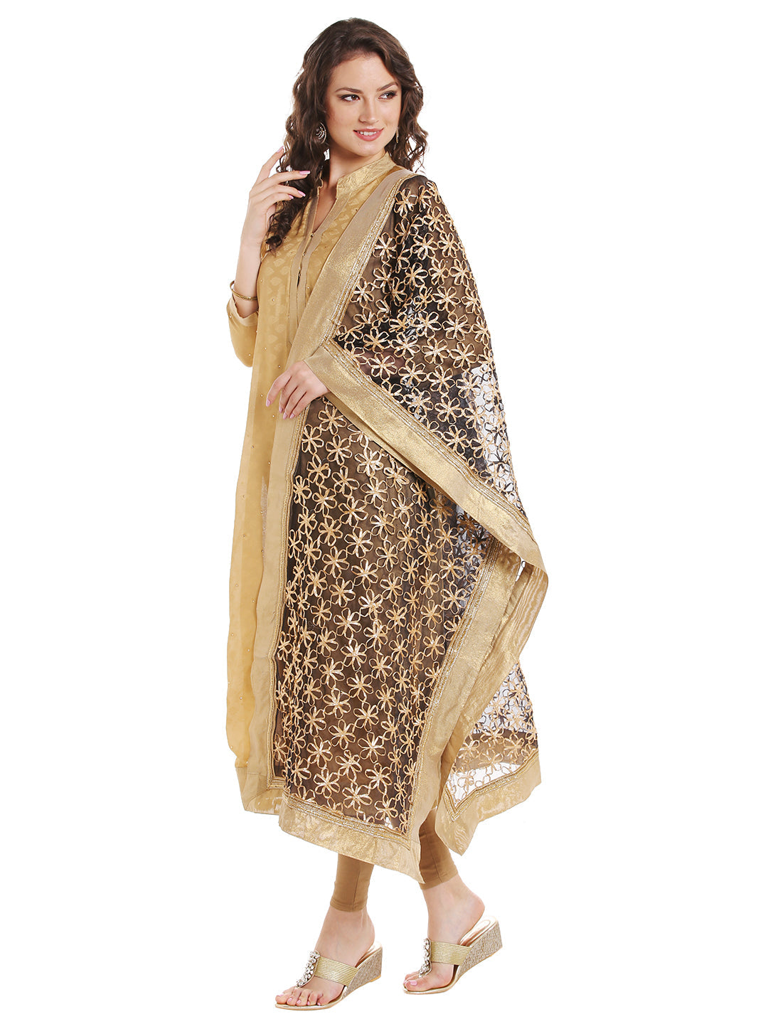Dupatta Bazaar Women's Black & Gold Designer Net Dupatta with Floral Gold Gotta Work Design . - Dupatta Bazaar