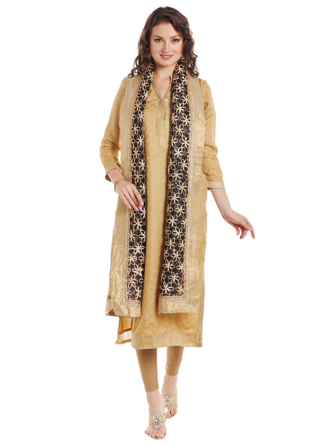 Dupatta Bazaar Women's Black & Gold Designer Net Dupatta with Floral Gold Gotta Work Design . - Dupatta Bazaar