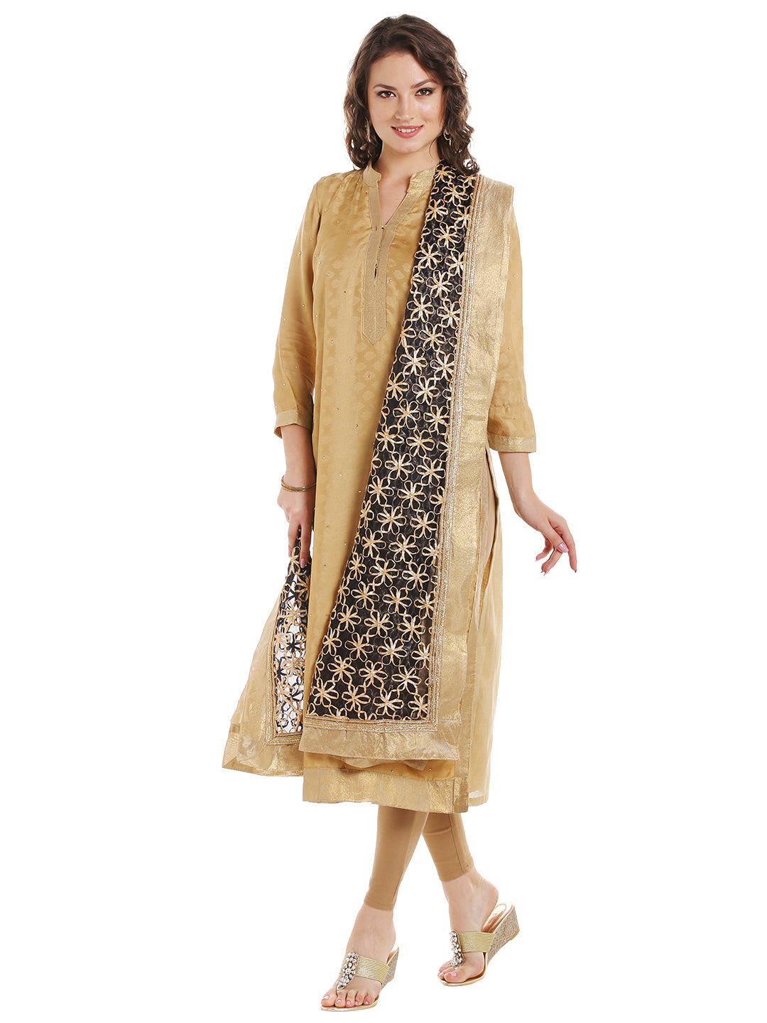 Dupatta Bazaar Women's Black & Gold Designer Net Dupatta with Floral Gold Gotta Work Design . - Dupatta Bazaar