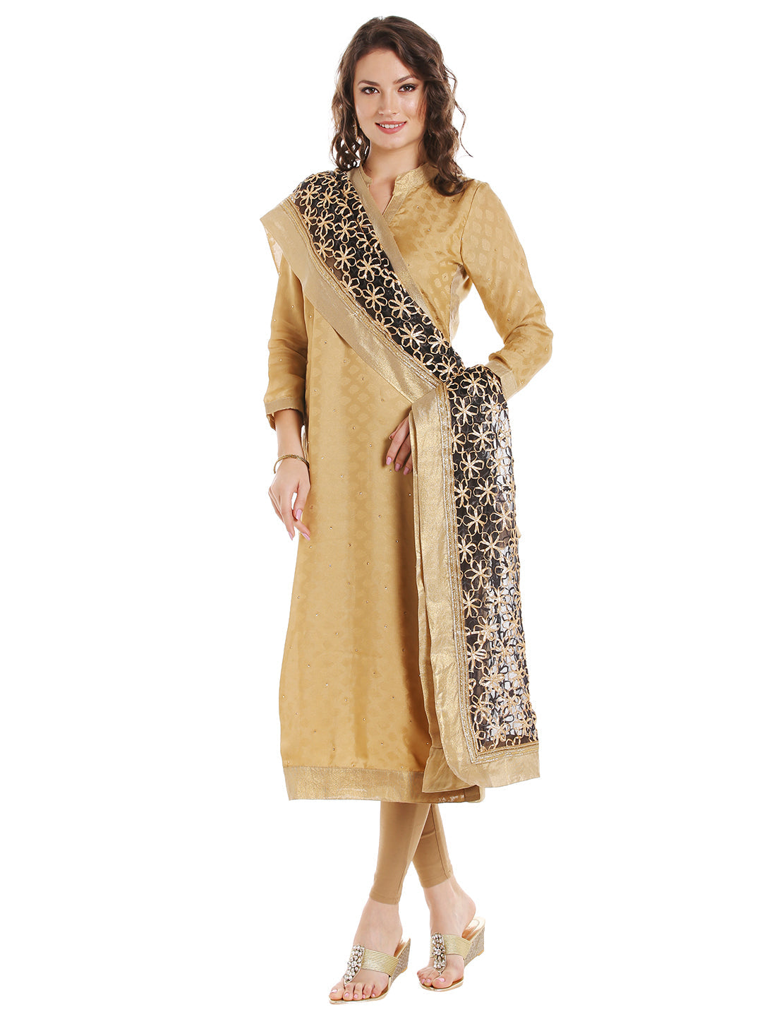 Dupatta Bazaar Women's Black & Gold Designer Net Dupatta with Floral Gold Gotta Work Design . - Dupatta Bazaar