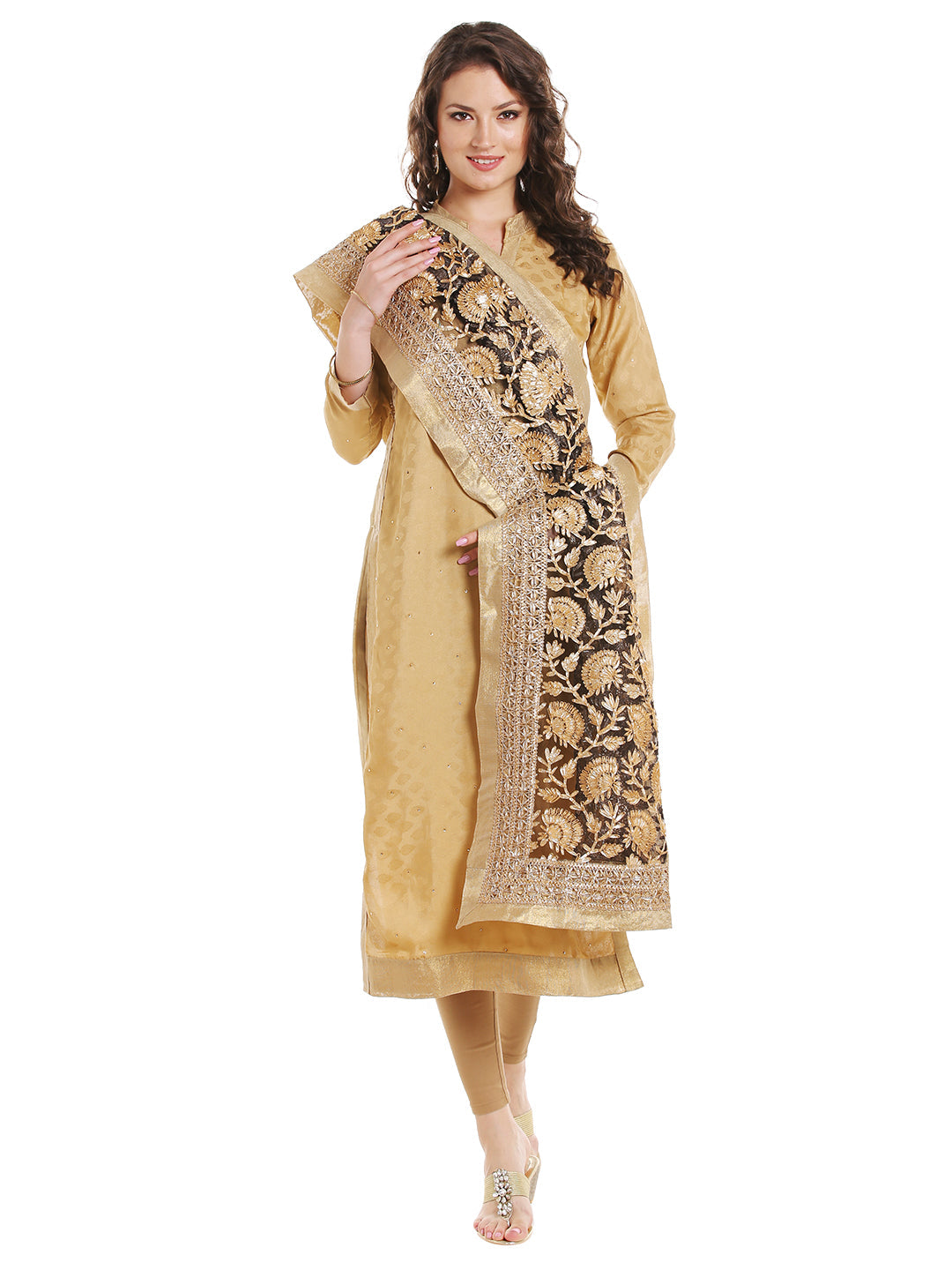 Dupatta Bazaar Women's Black Designer Net Dupatta with all over Gold Gotta Work Design . - Dupatta Bazaar