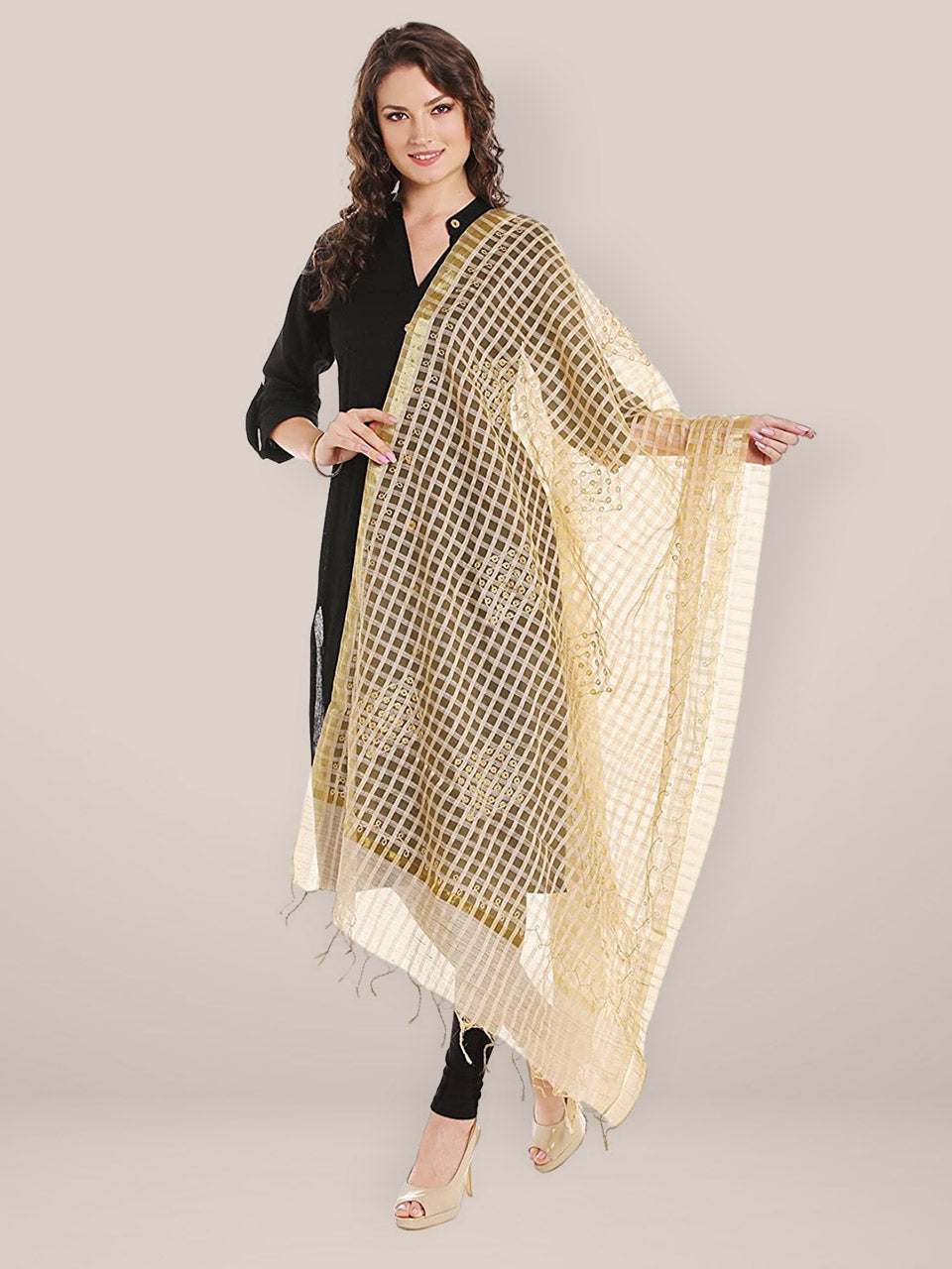 Checkered Beige Cotton Silk Embroidered Dupatta freeshipping - Dupatta Bazaar