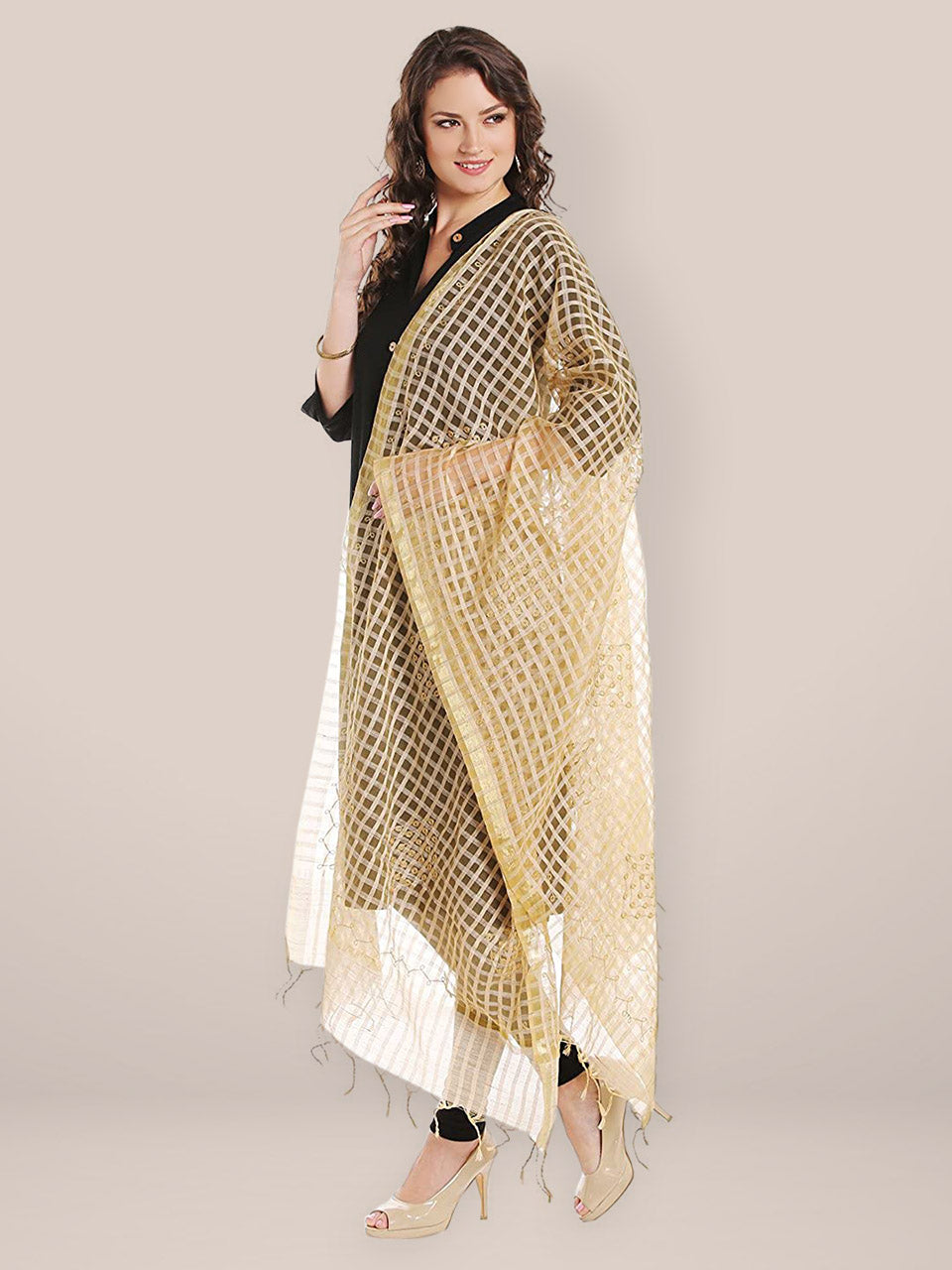 Checkered Beige Cotton Silk Embroidered Dupatta freeshipping - Dupatta Bazaar