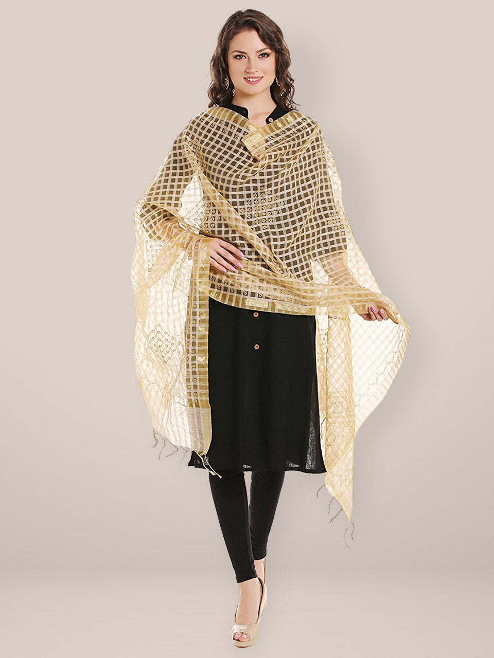 Checkered Beige Cotton Silk Embroidered Dupatta freeshipping - Dupatta Bazaar