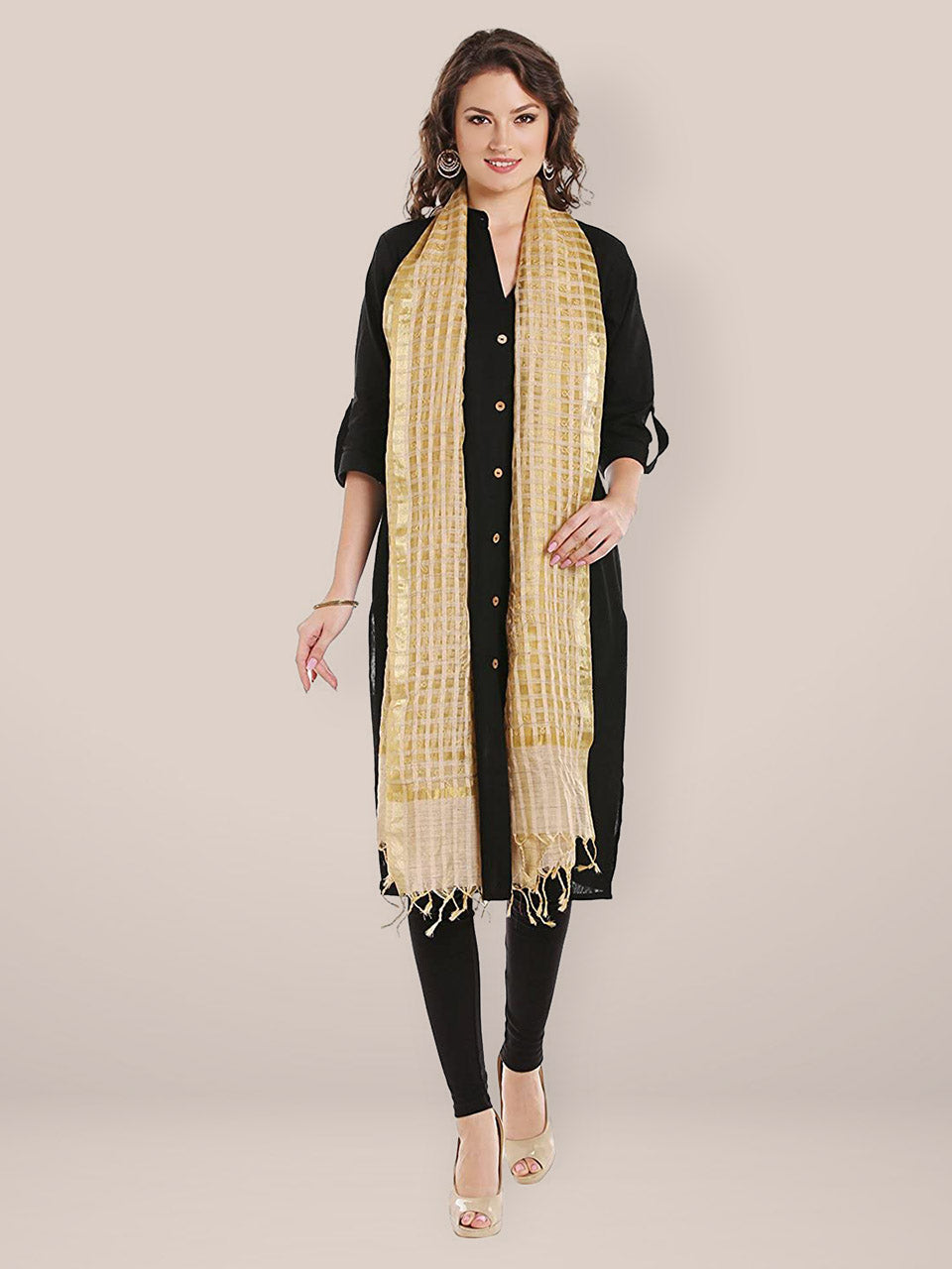 Checkered Beige Cotton Silk Embroidered Dupatta freeshipping - Dupatta Bazaar