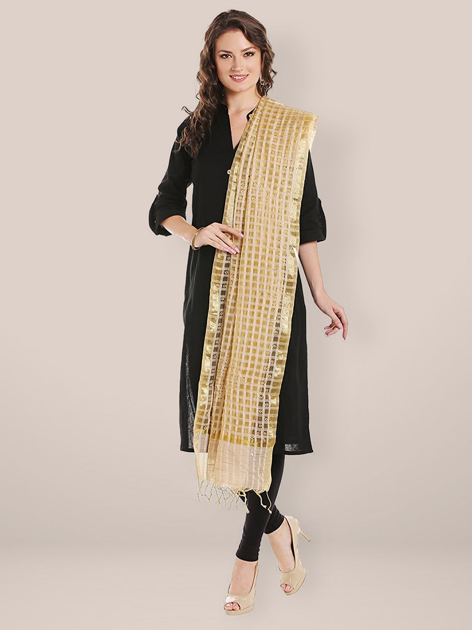 Checkered Beige Cotton Silk Embroidered Dupatta freeshipping - Dupatta Bazaar