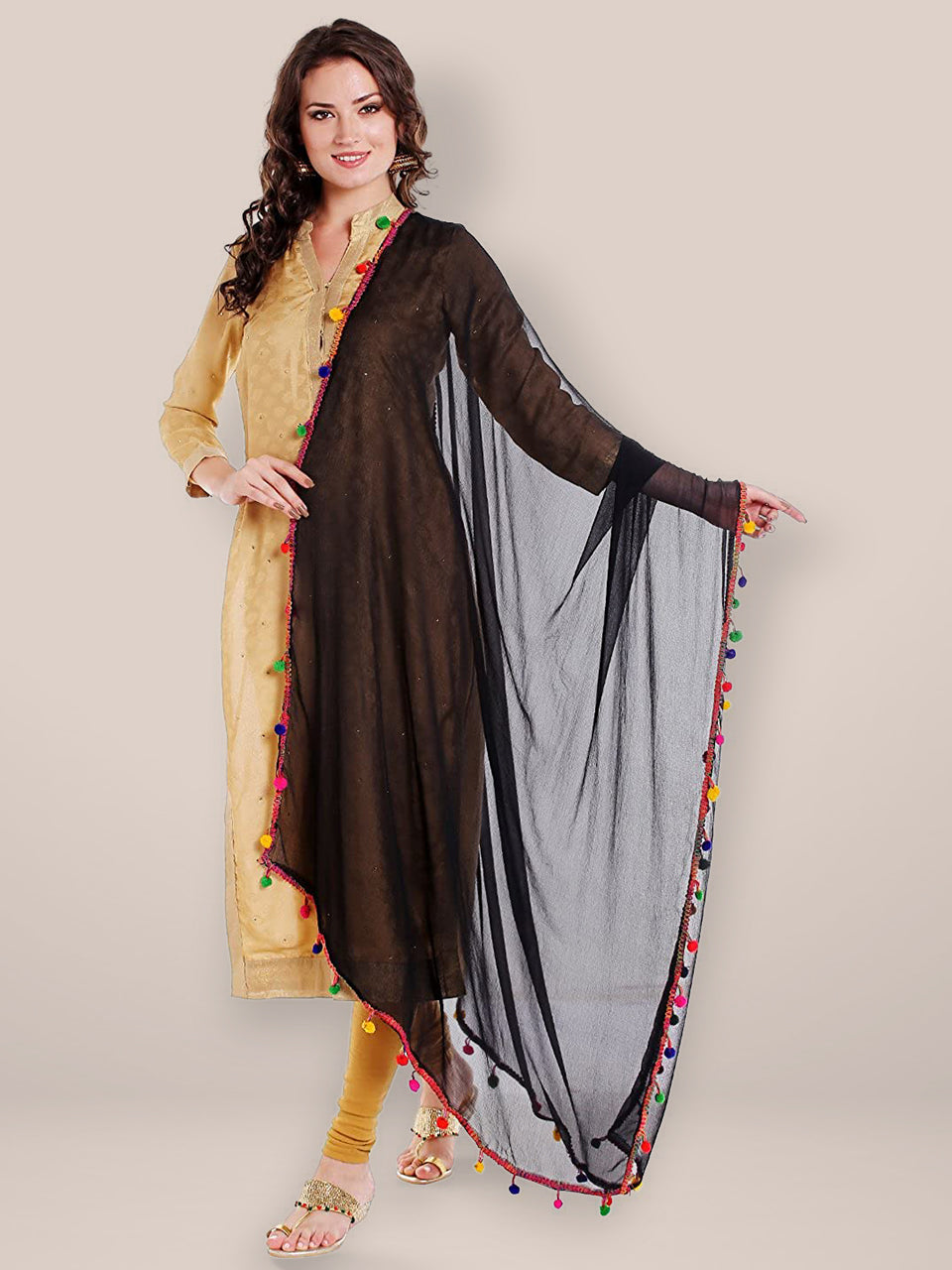 Black Chiffon Dupatta with Multicoloured Pompom freeshipping - Dupatta Bazaar