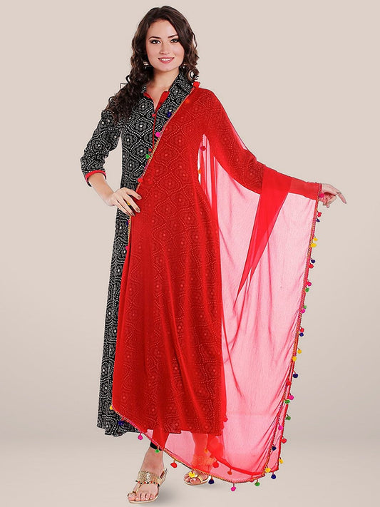 Red Chiffon Dupatta with Multicoloured Pompom freeshipping - Dupatta Bazaar