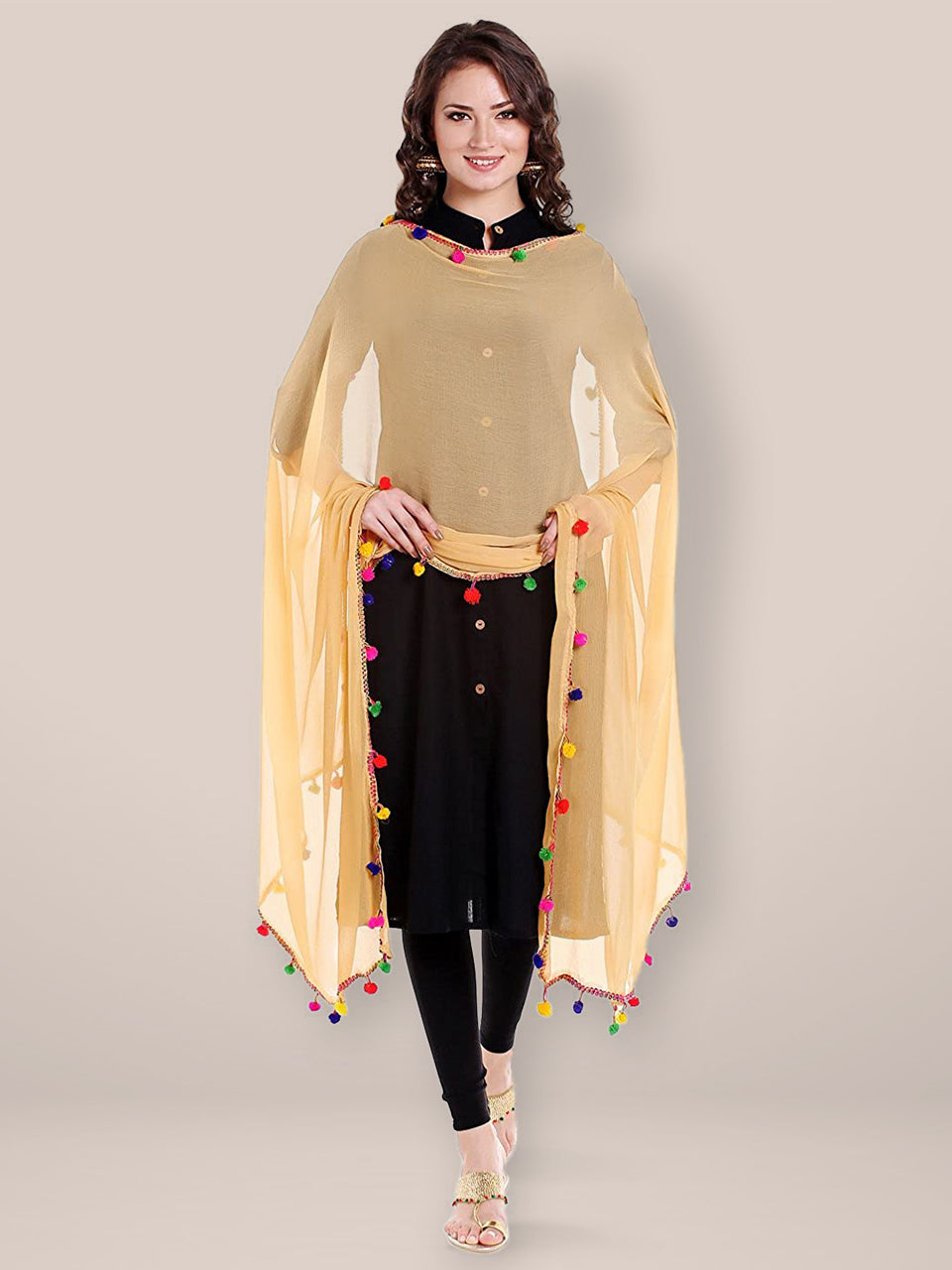 Beige Chiffon Dupatta with Multicoloured Pompom freeshipping - Dupatta Bazaar