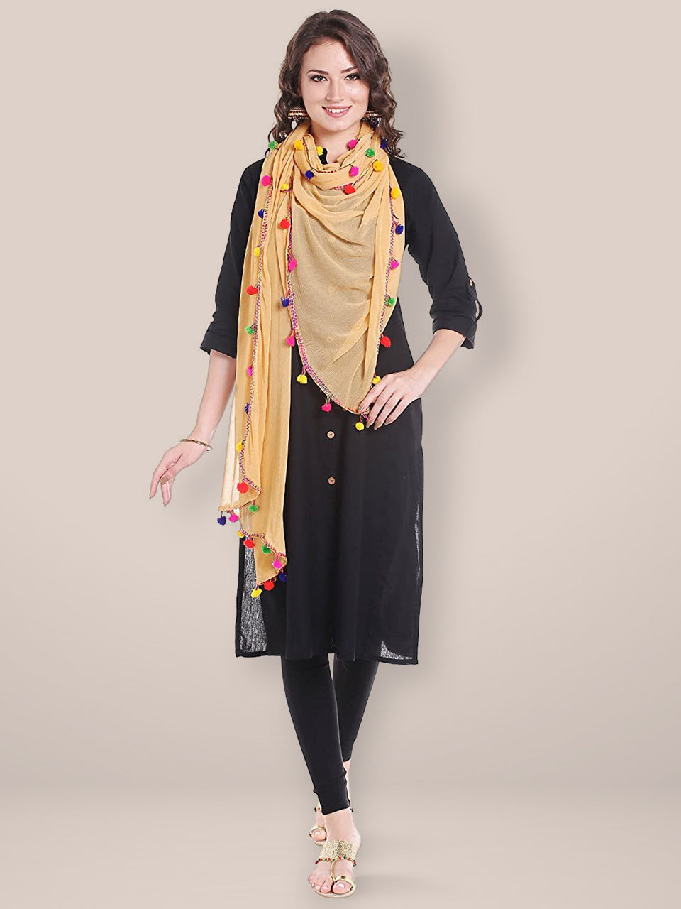 Beige Chiffon Dupatta with Multicoloured Pompom freeshipping - Dupatta Bazaar