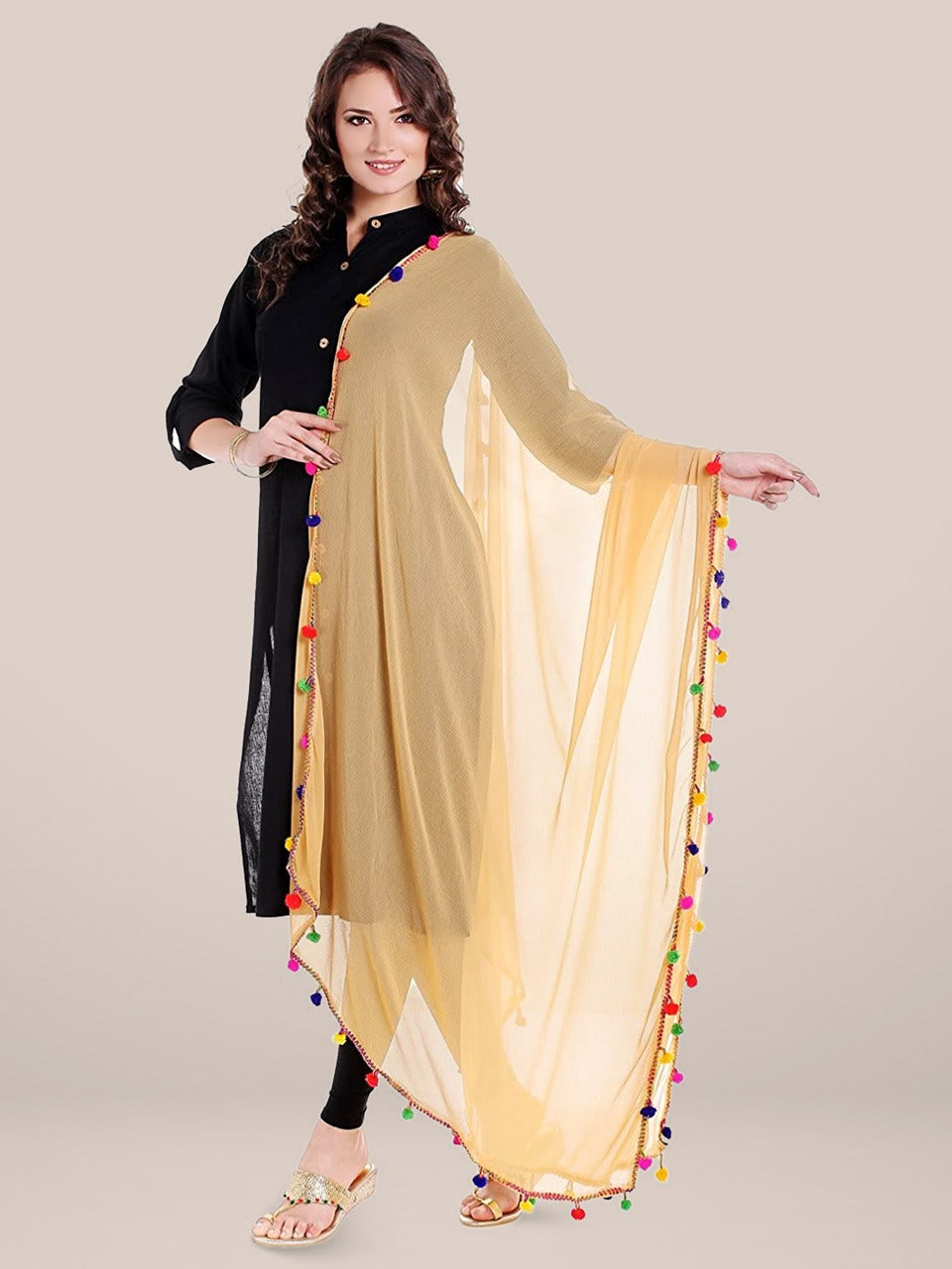 Beige Chiffon Dupatta with Multicoloured Pompom freeshipping - Dupatta Bazaar