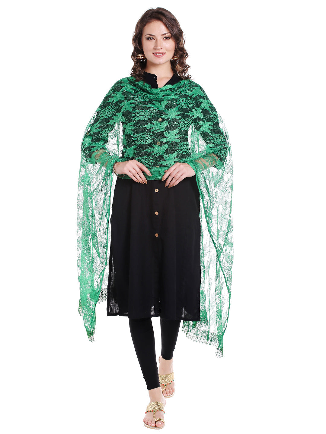 Dupatta Bazaar Women's Green Floral Net Dupatta - Dupatta Bazaar