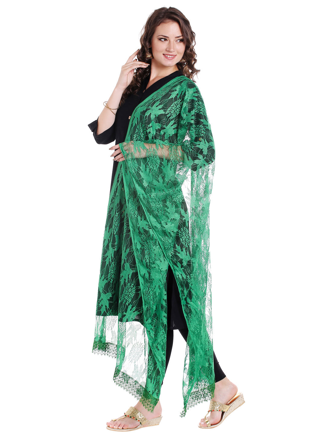 Dupatta Bazaar Women's Green Floral Net Dupatta - Dupatta Bazaar