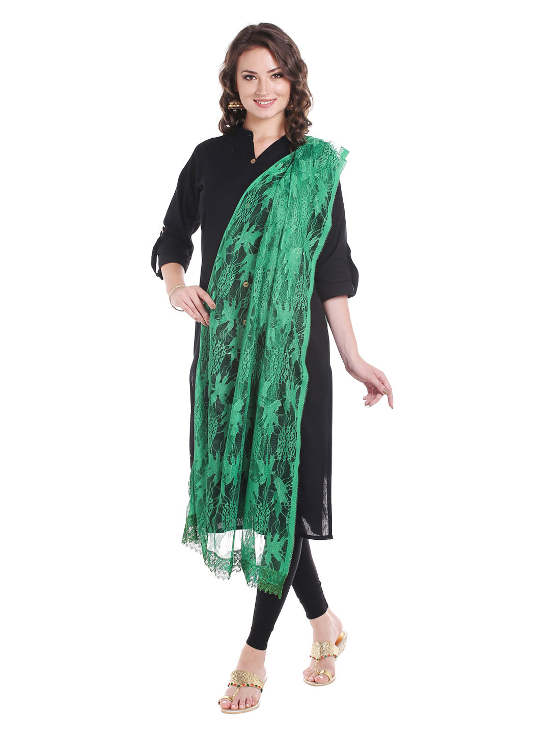 Dupatta Bazaar Women's Green Floral Net Dupatta - Dupatta Bazaar