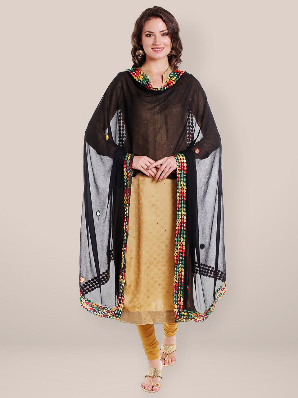 Dupatta Bazaar Women's Black Chiffon Dupatta with Multicoloured Mirror Work freeshipping - Dupatta Bazaar