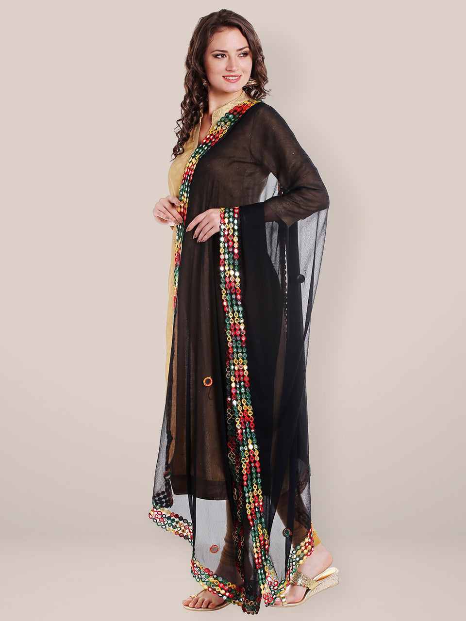 Dupatta Bazaar Women's Black Chiffon Dupatta with Multicoloured Mirror Work freeshipping - Dupatta Bazaar
