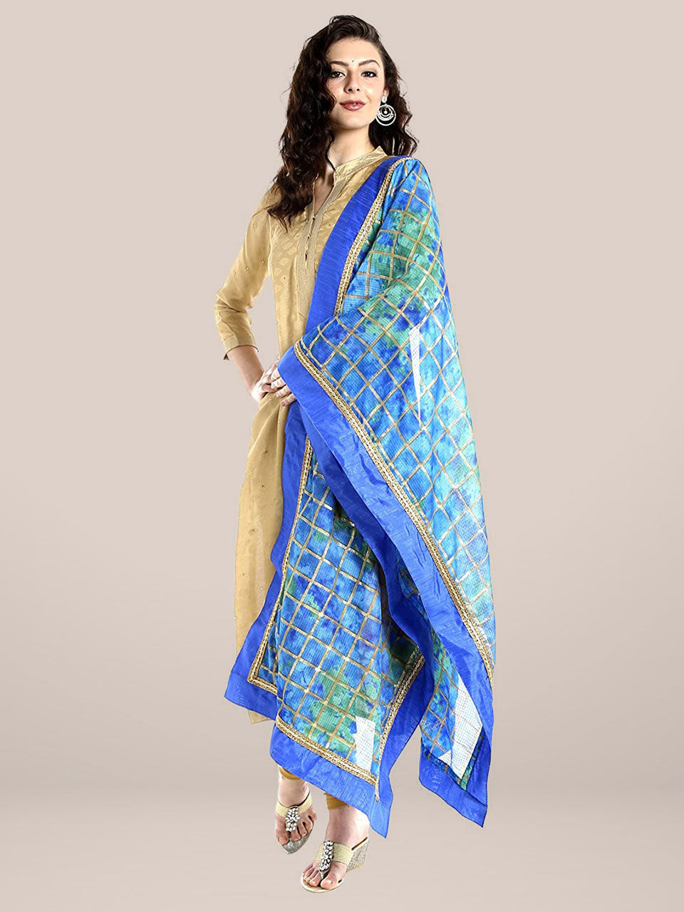 Dupatta Bazaar Women's Blue & Gold Kota Doria Dupatta freeshipping - Dupatta Bazaar