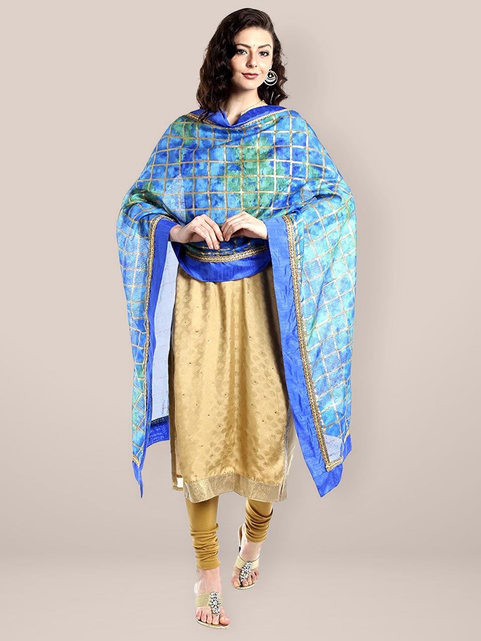 Dupatta Bazaar Women's Blue & Gold Kota Doria Dupatta freeshipping - Dupatta Bazaar