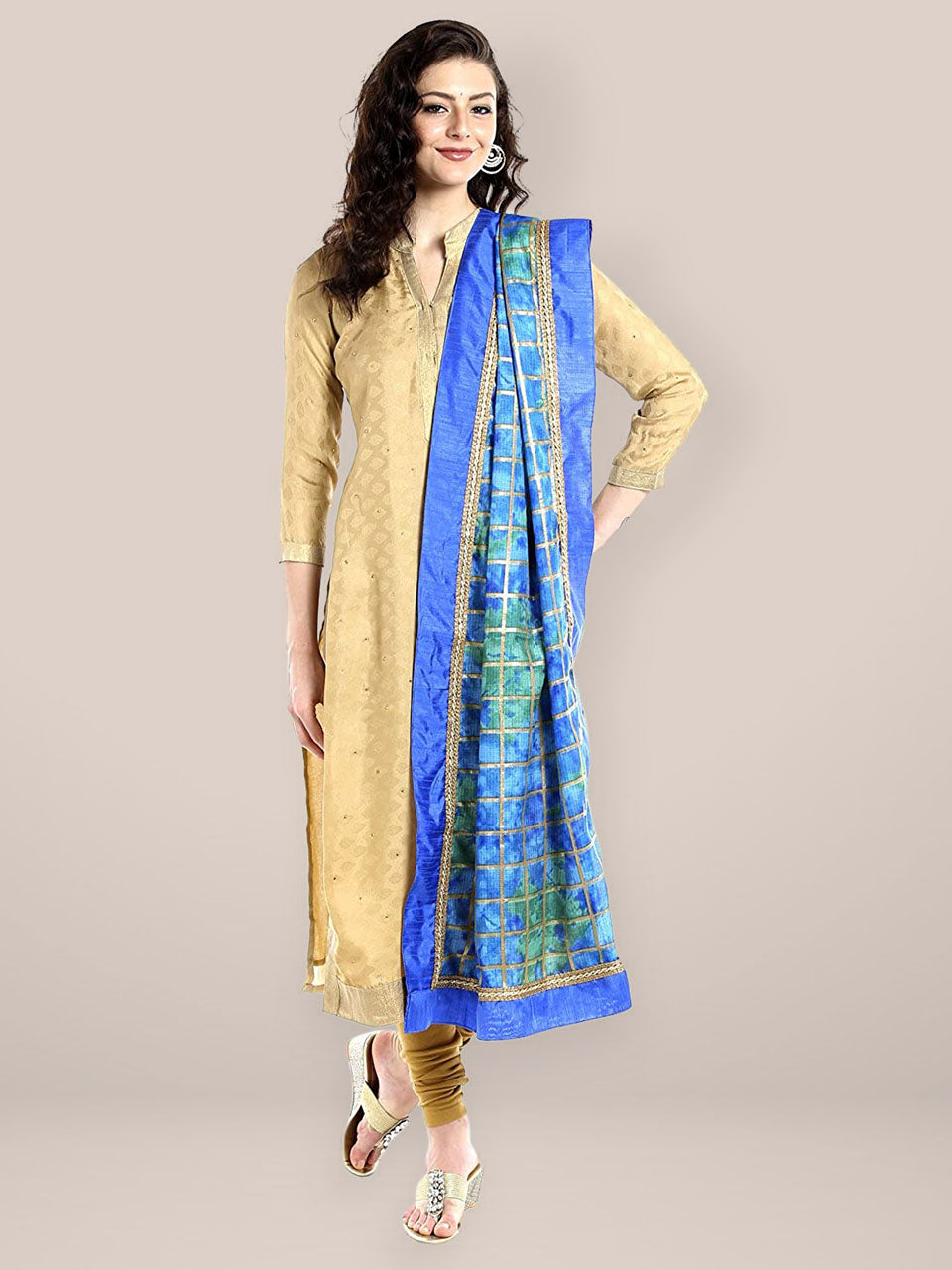 Dupatta Bazaar Women's Blue & Gold Kota Doria Dupatta freeshipping - Dupatta Bazaar