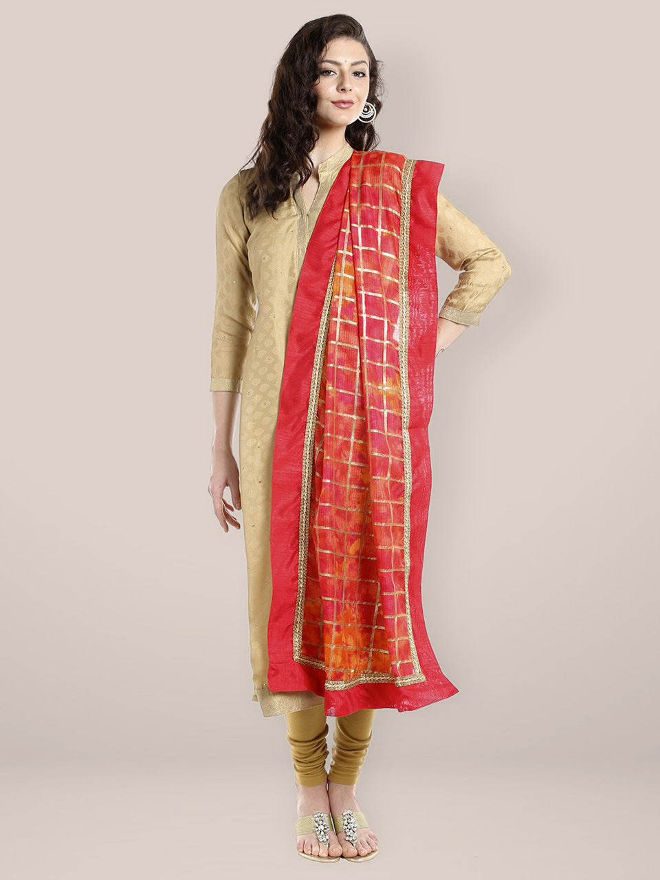 Dupatta Bazaar Women's Red Gold Kota Doria Dupatta freeshipping - Dupatta Bazaar